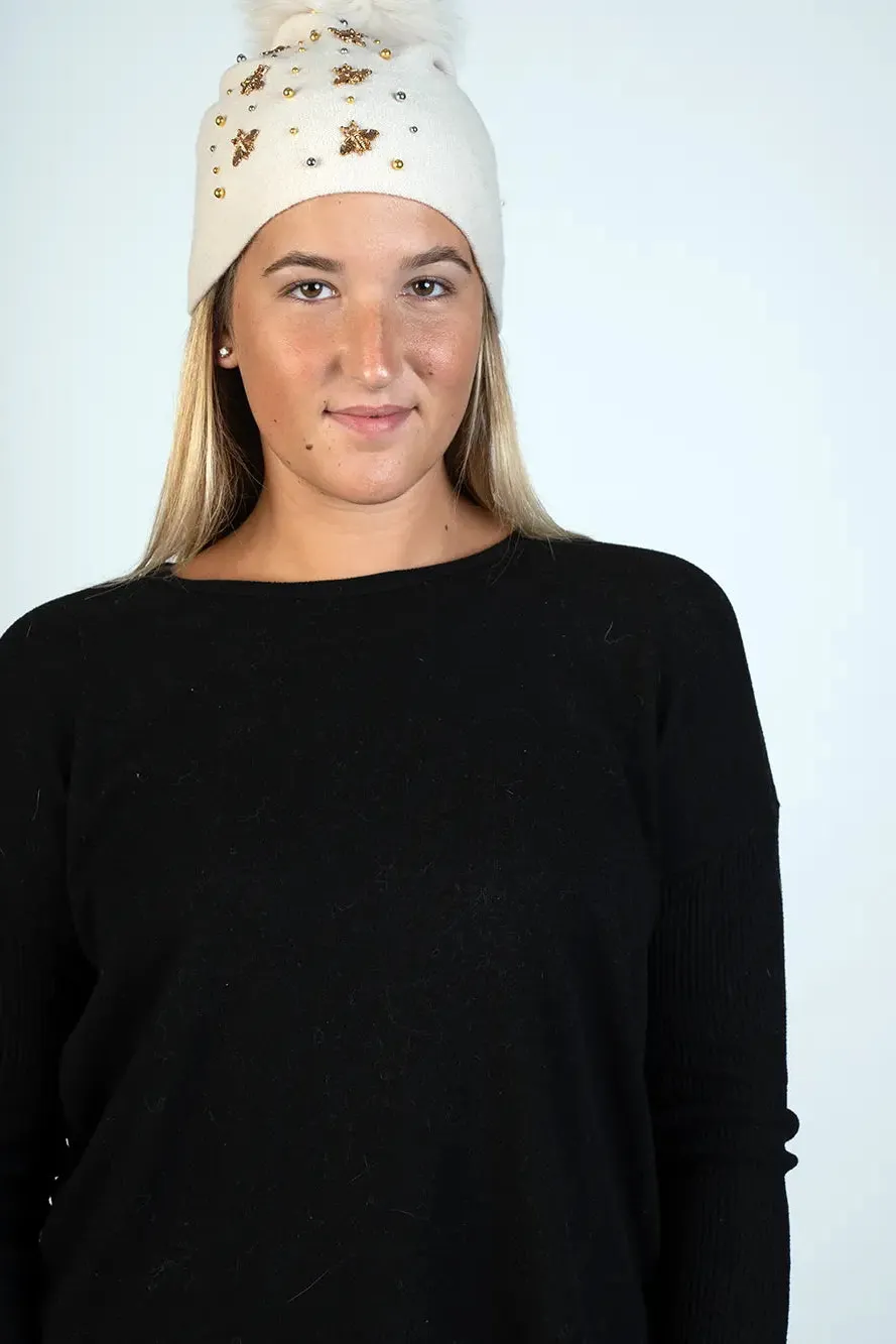 Knitted Hat with Bees and Beads