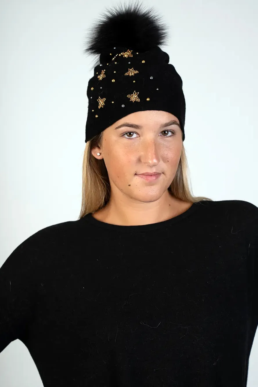 Knitted Hat with Bees and Beads