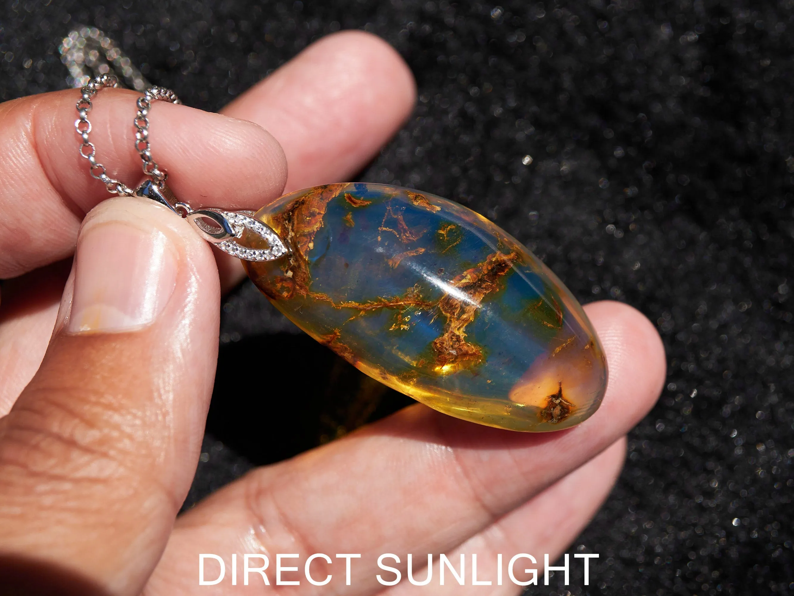 Large Blue Amber Pendant, Natural cabochon blue amber jewelry