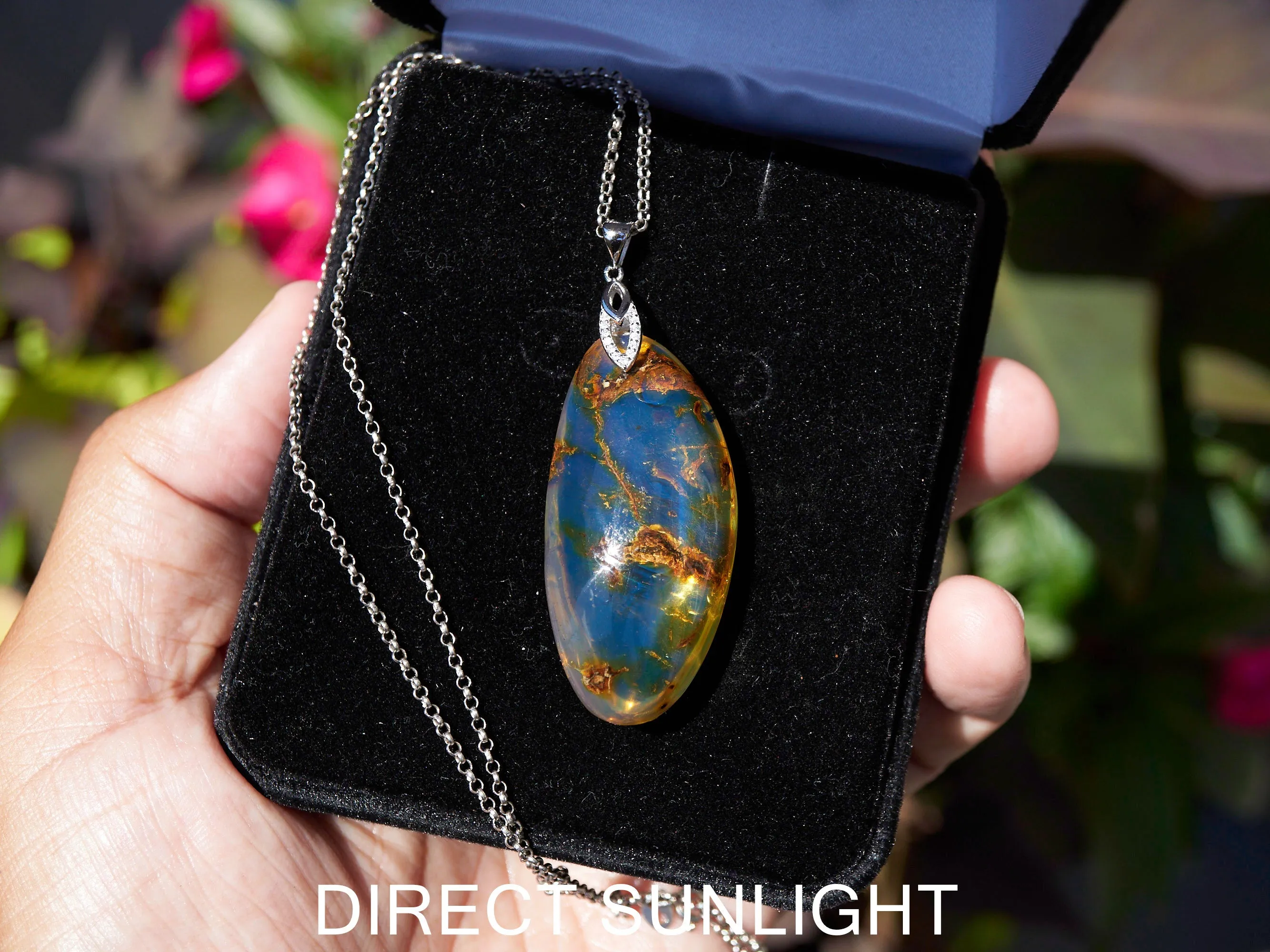 Large Blue Amber Pendant, Natural cabochon blue amber jewelry