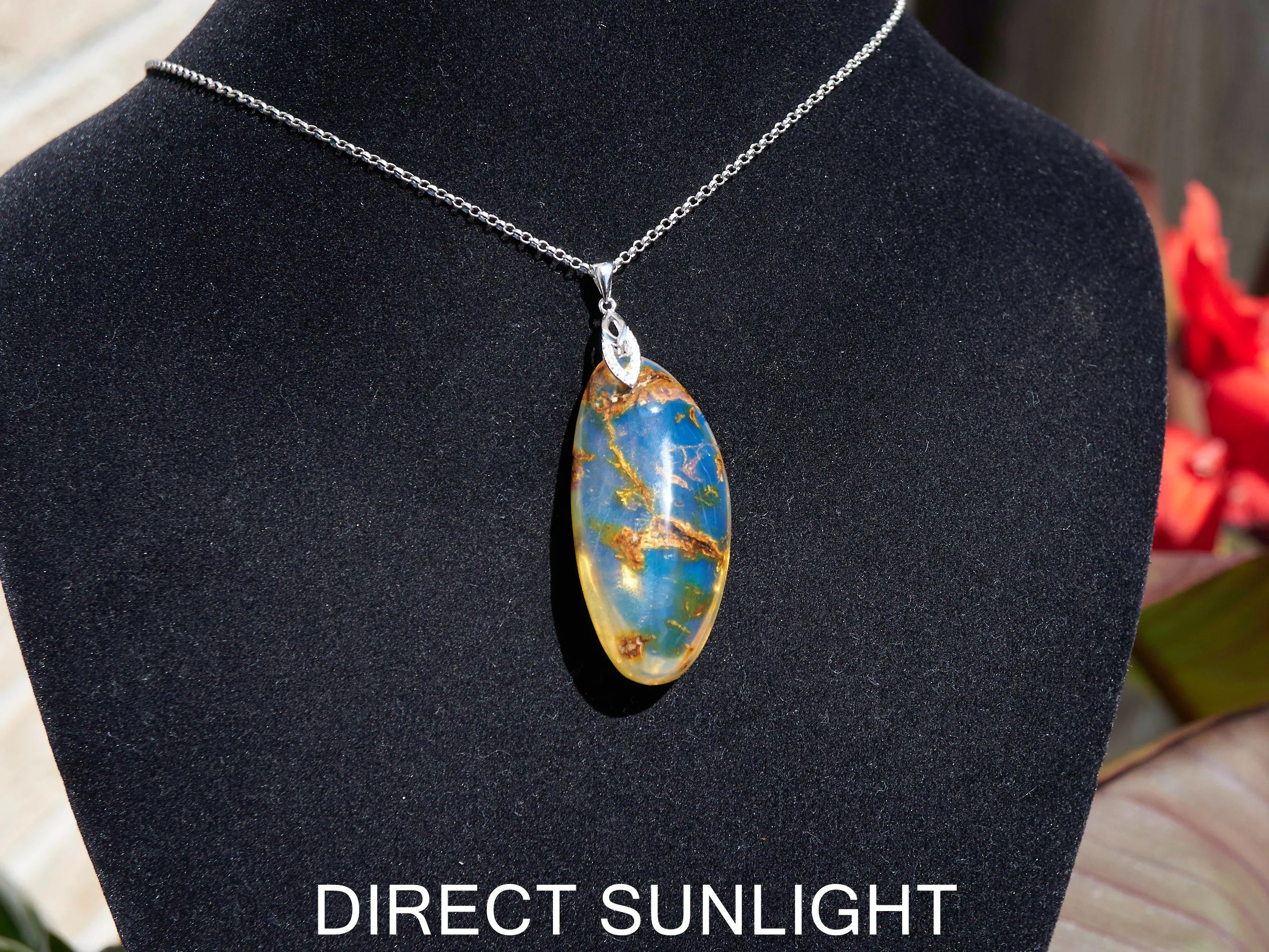 Large Blue Amber Pendant, Natural cabochon blue amber jewelry