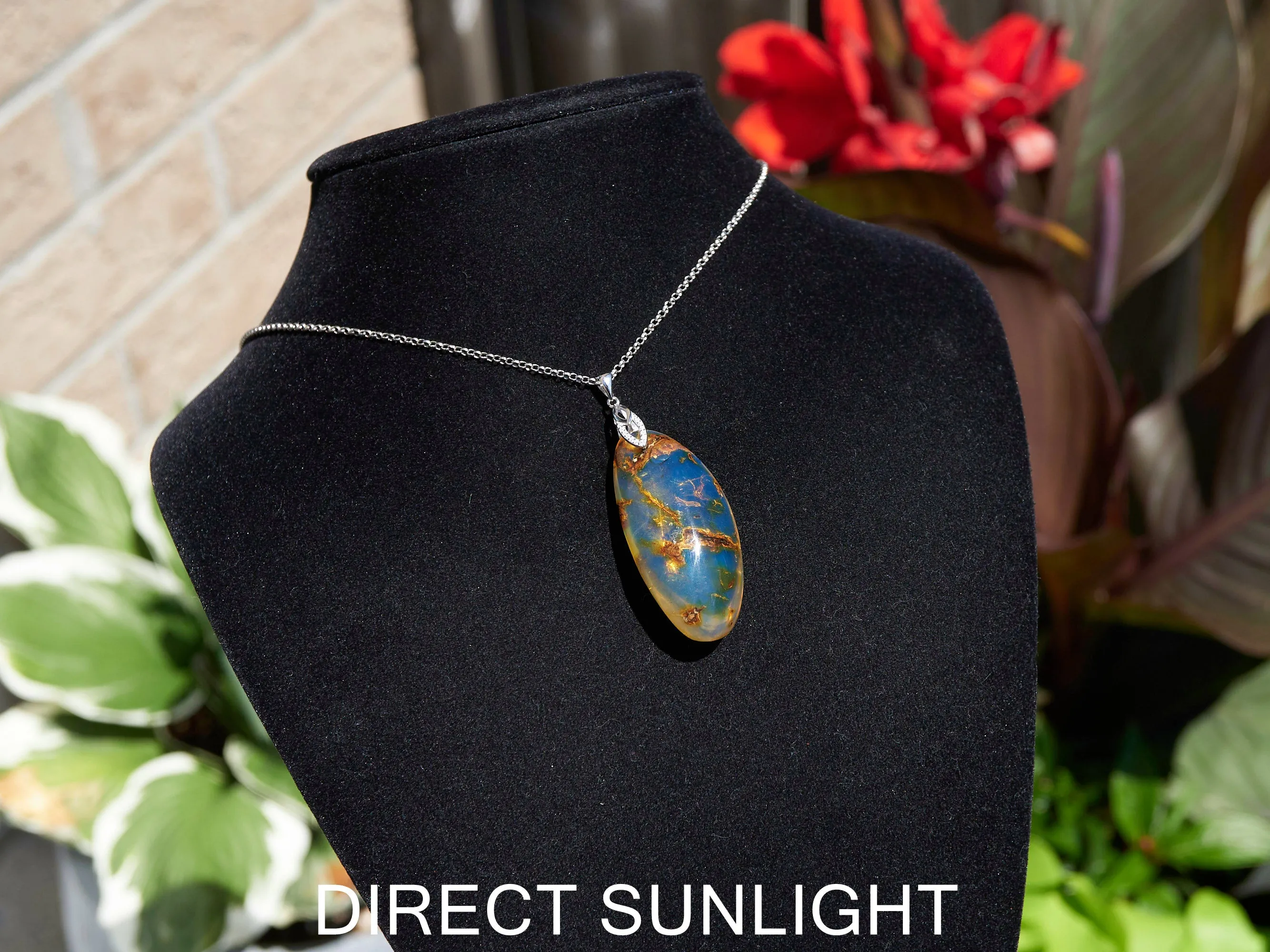 Large Blue Amber Pendant, Natural cabochon blue amber jewelry