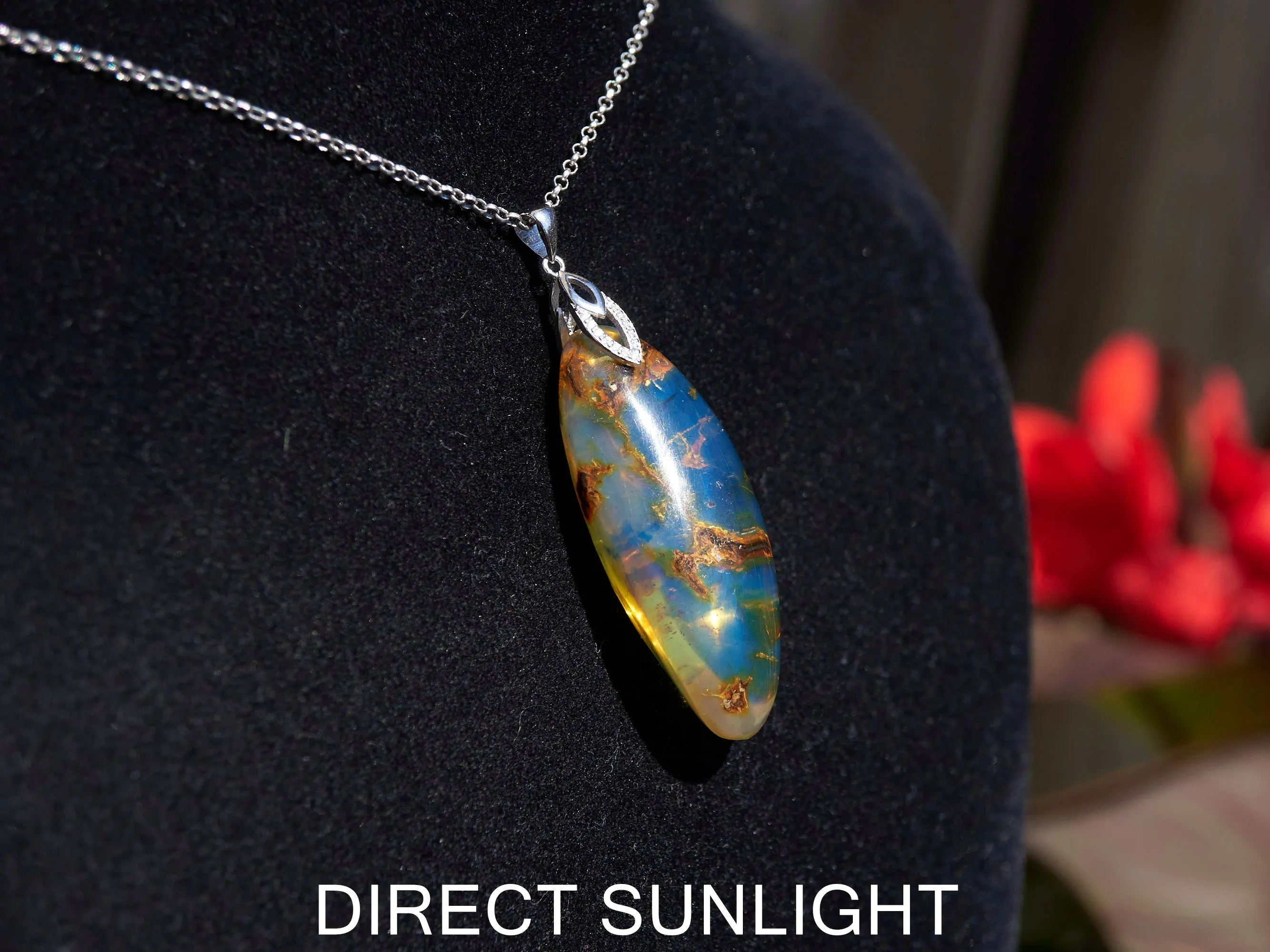 Large Blue Amber Pendant, Natural cabochon blue amber jewelry