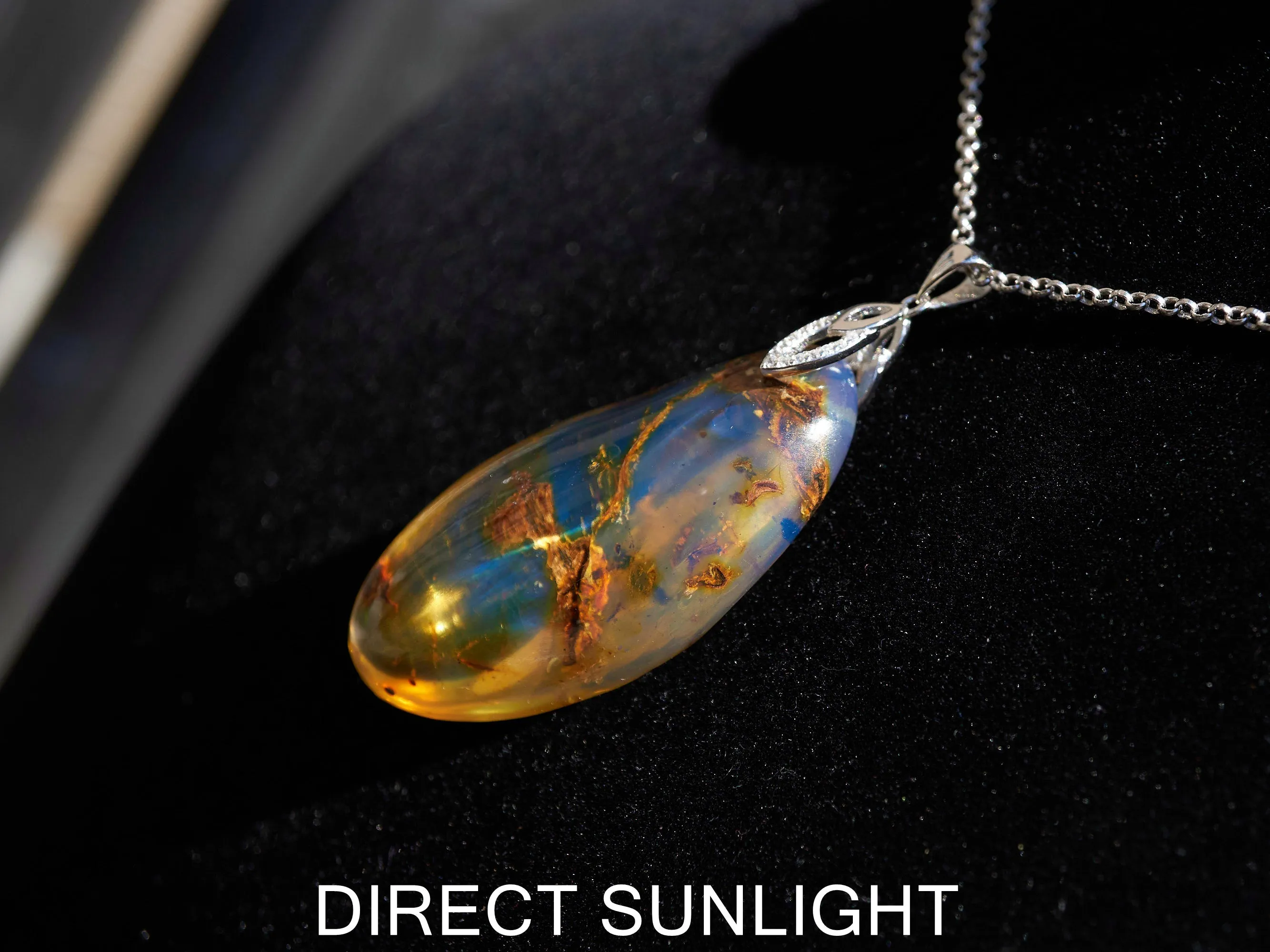 Large Blue Amber Pendant, Natural cabochon blue amber jewelry