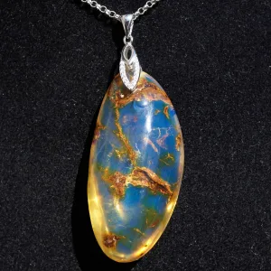 Large Blue Amber Pendant, Natural cabochon blue amber jewelry