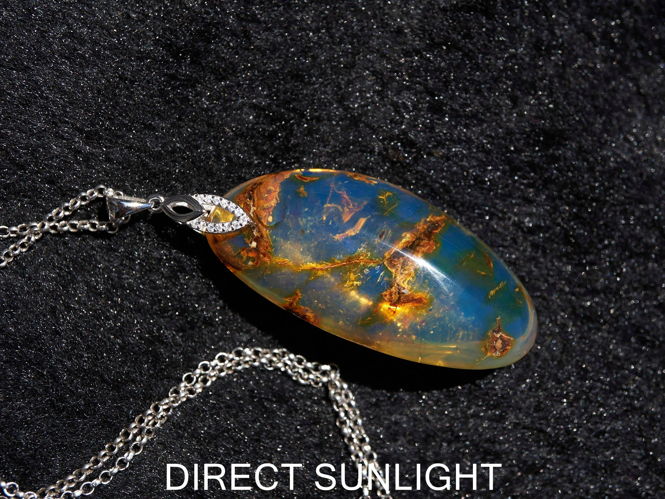 Large Blue Amber Pendant, Natural cabochon blue amber jewelry