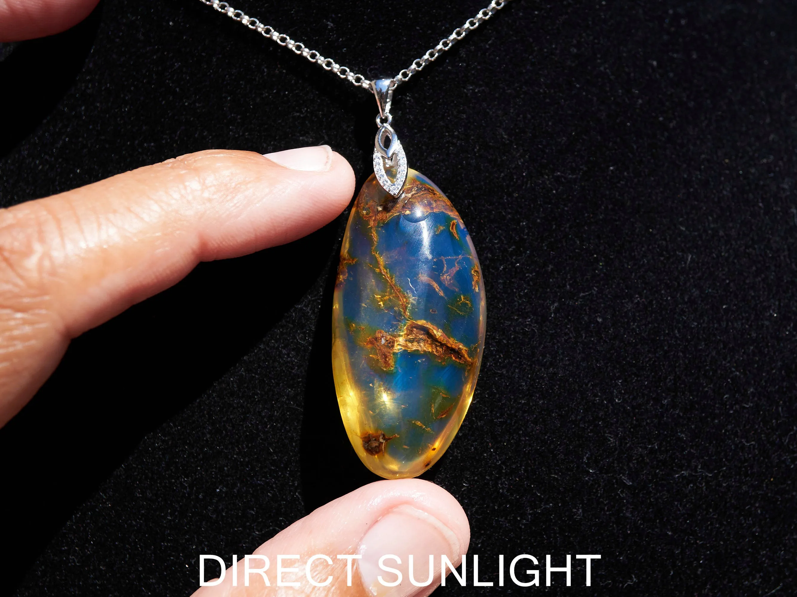 Large Blue Amber Pendant, Natural cabochon blue amber jewelry