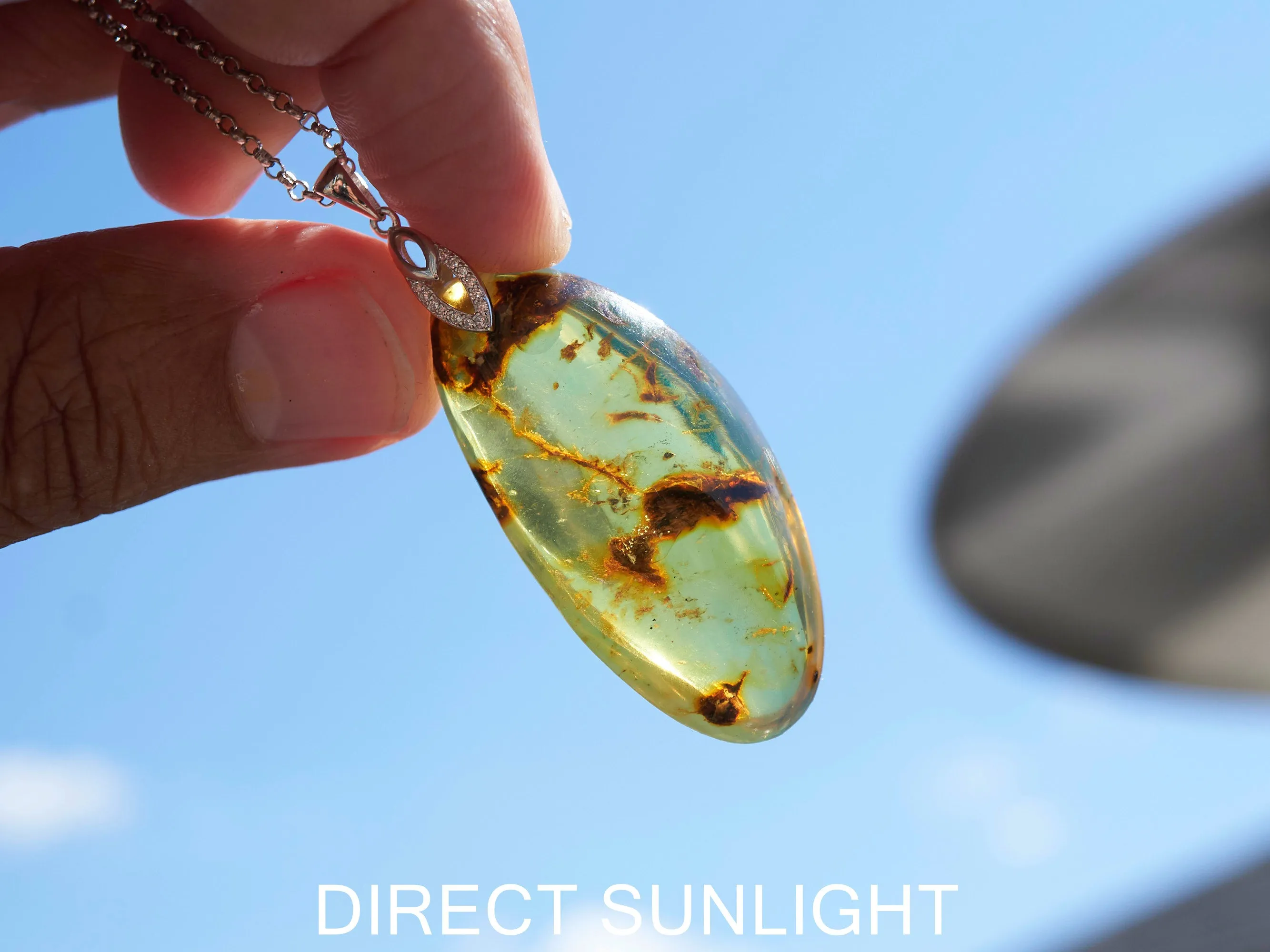 Large Blue Amber Pendant, Natural cabochon blue amber jewelry
