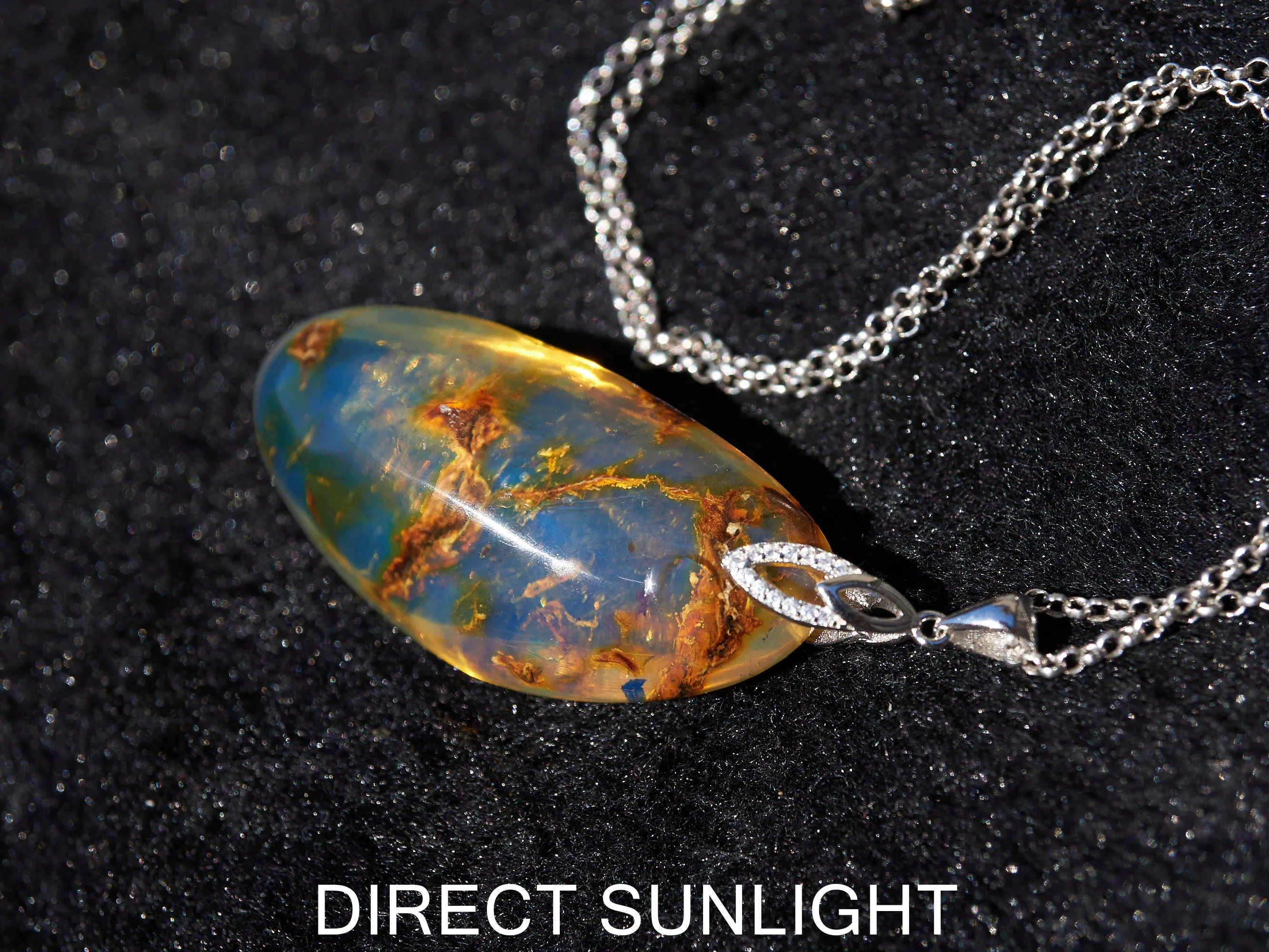Large Blue Amber Pendant, Natural cabochon blue amber jewelry
