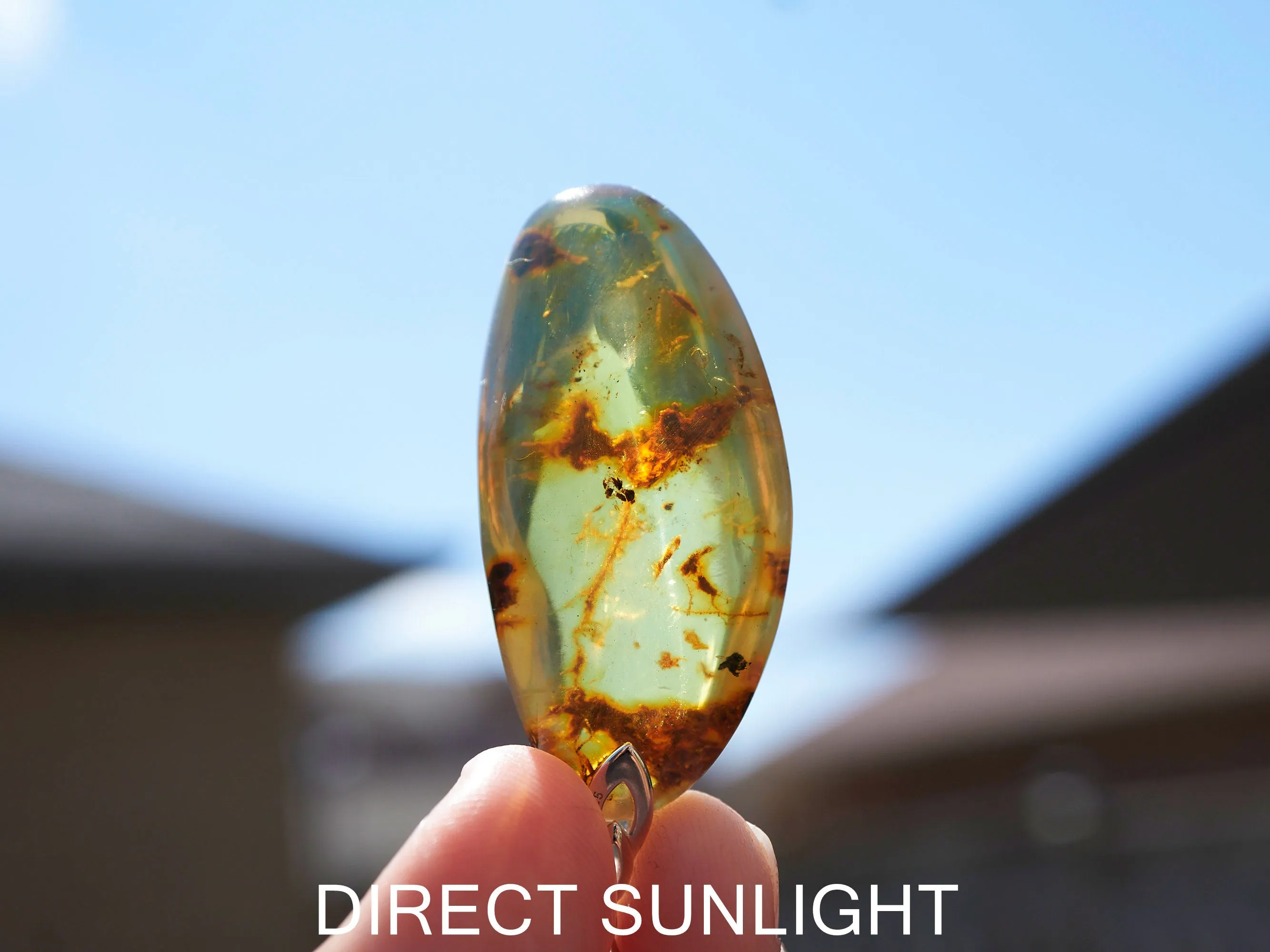 Large Blue Amber Pendant, Natural cabochon blue amber jewelry
