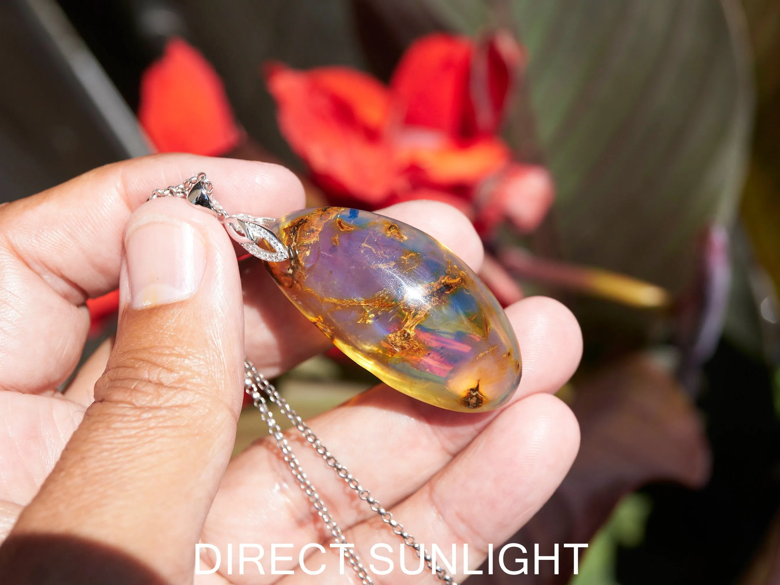 Large Blue Amber Pendant, Natural cabochon blue amber jewelry