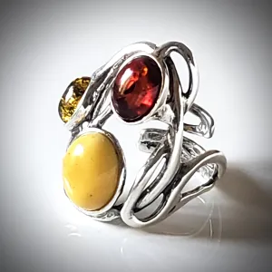 Large Silver Ring with 3 color of Natural Amber