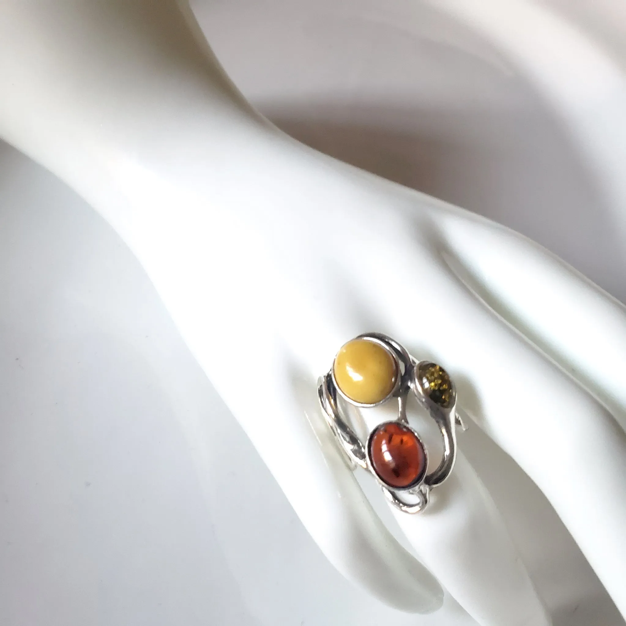 Large Silver Ring with 3 color of Natural Amber