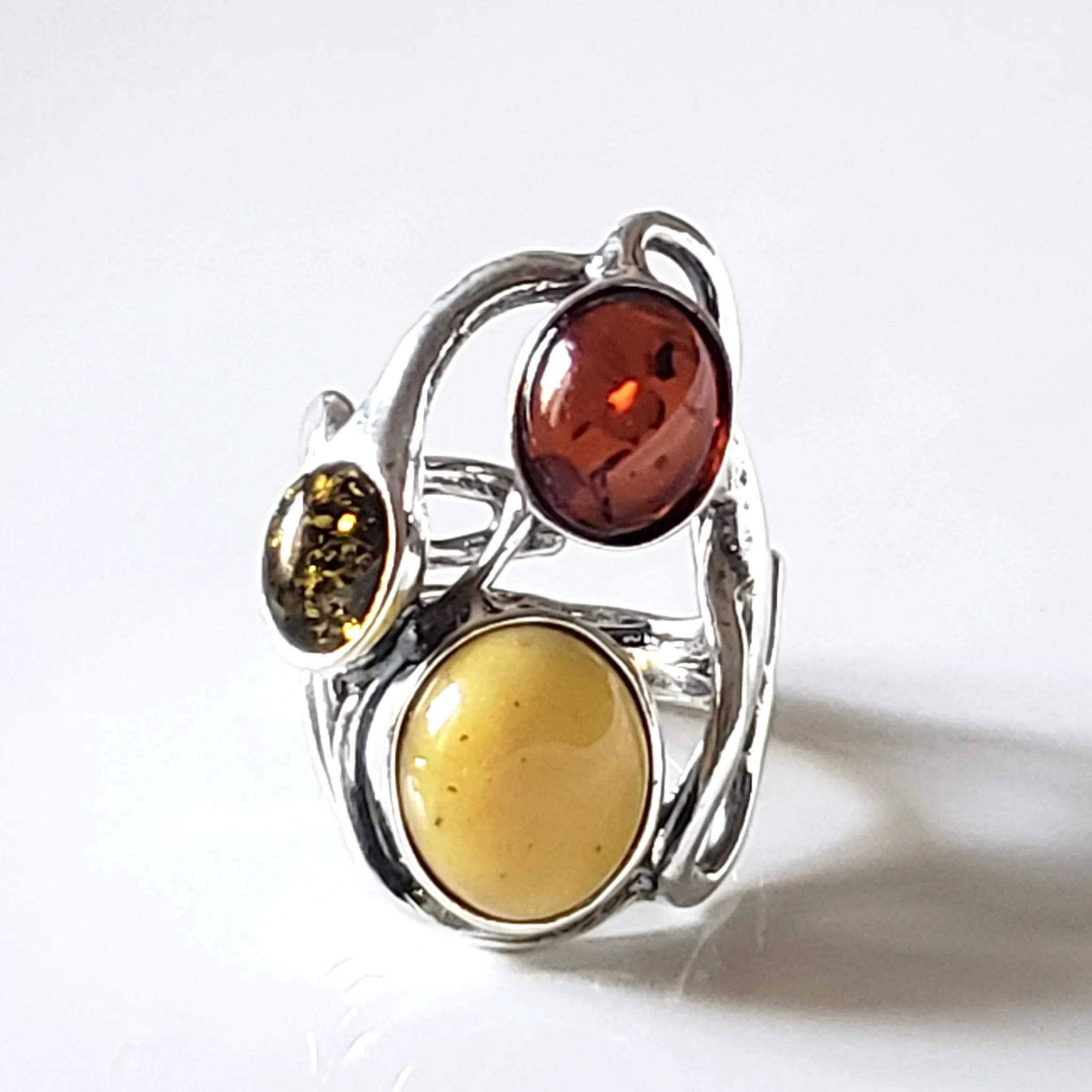 Large Silver Ring with 3 color of Natural Amber