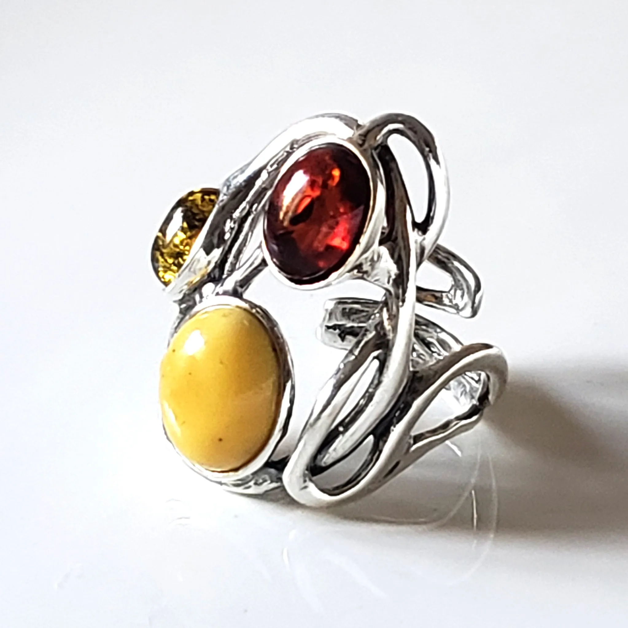 Large Silver Ring with 3 color of Natural Amber