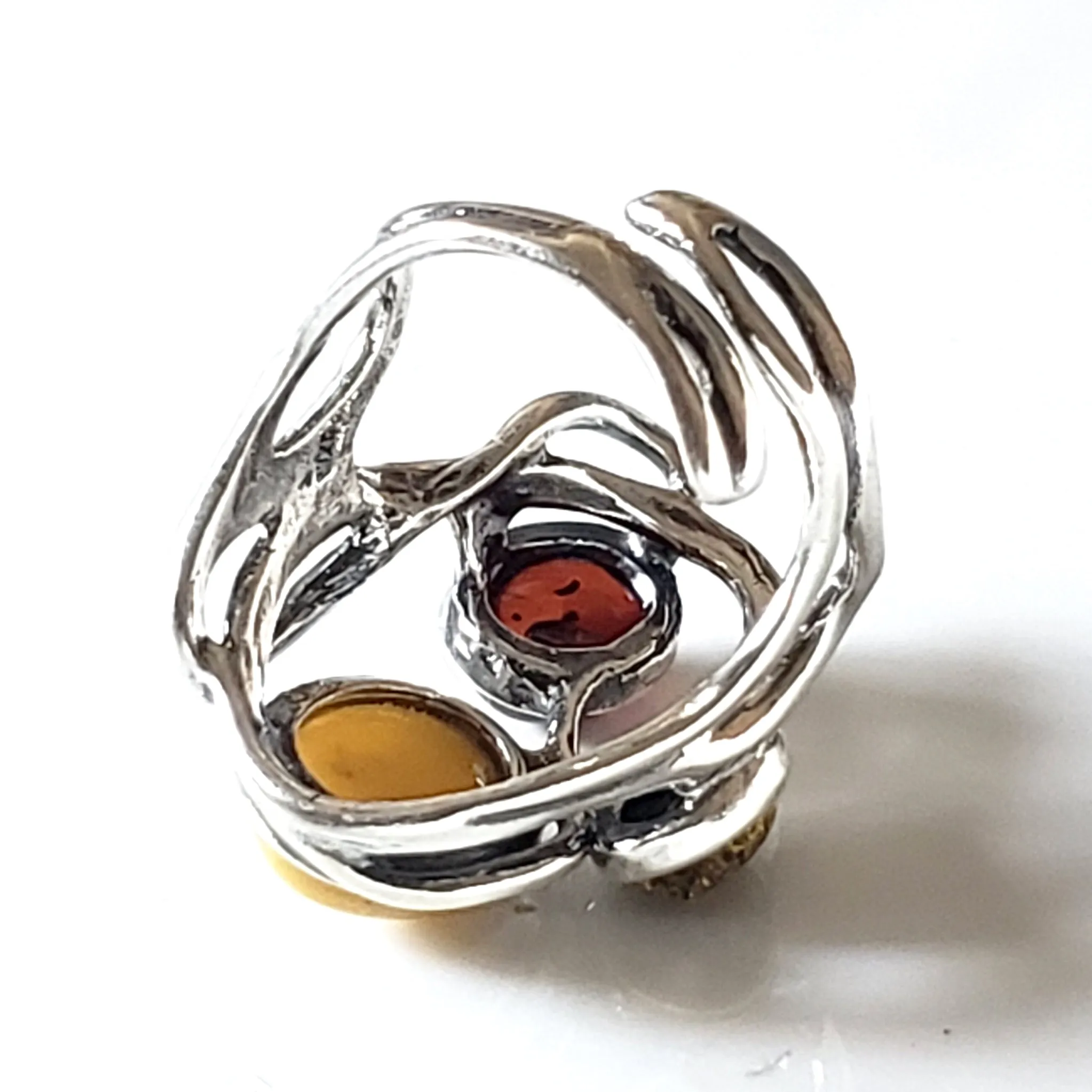 Large Silver Ring with 3 color of Natural Amber