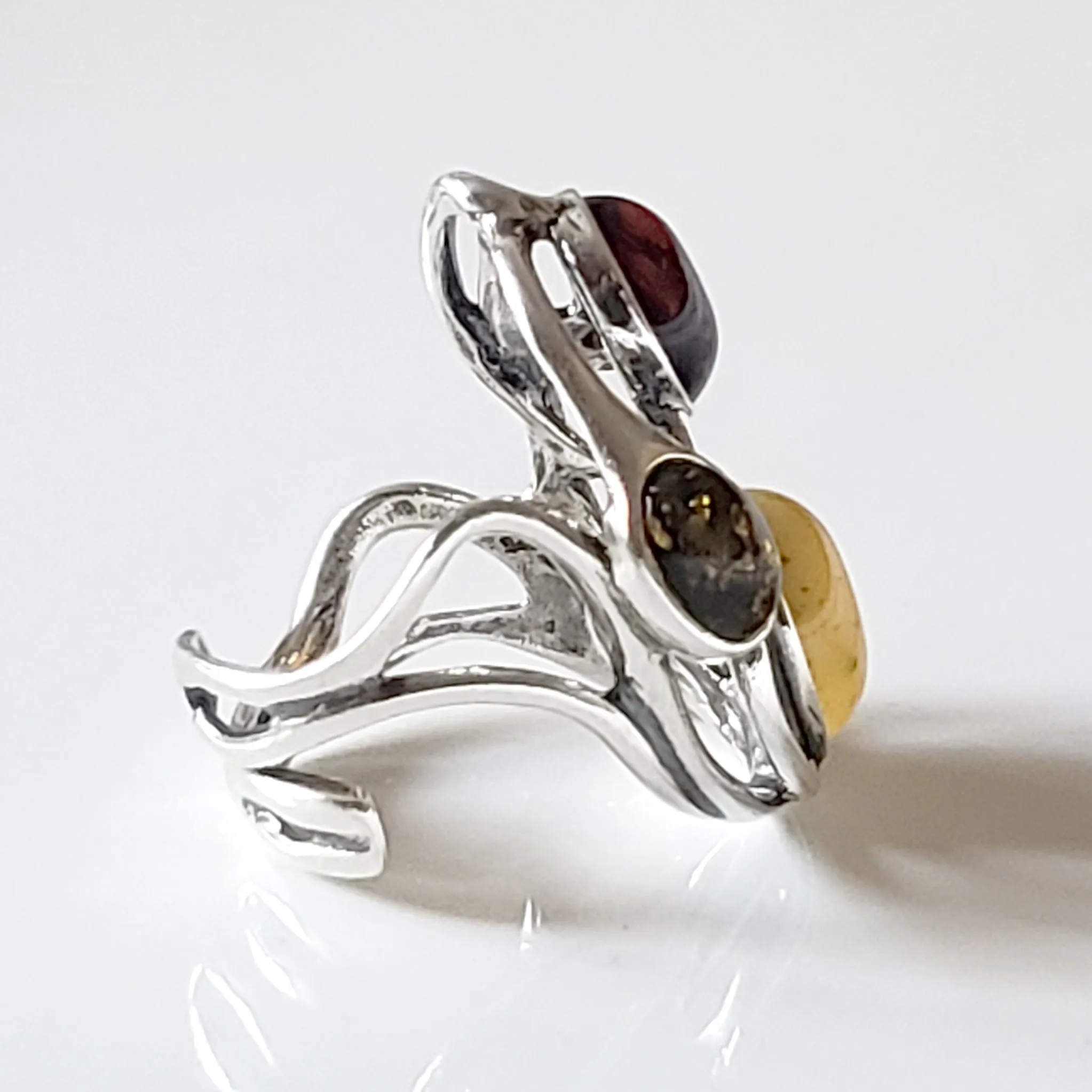 Large Silver Ring with 3 color of Natural Amber