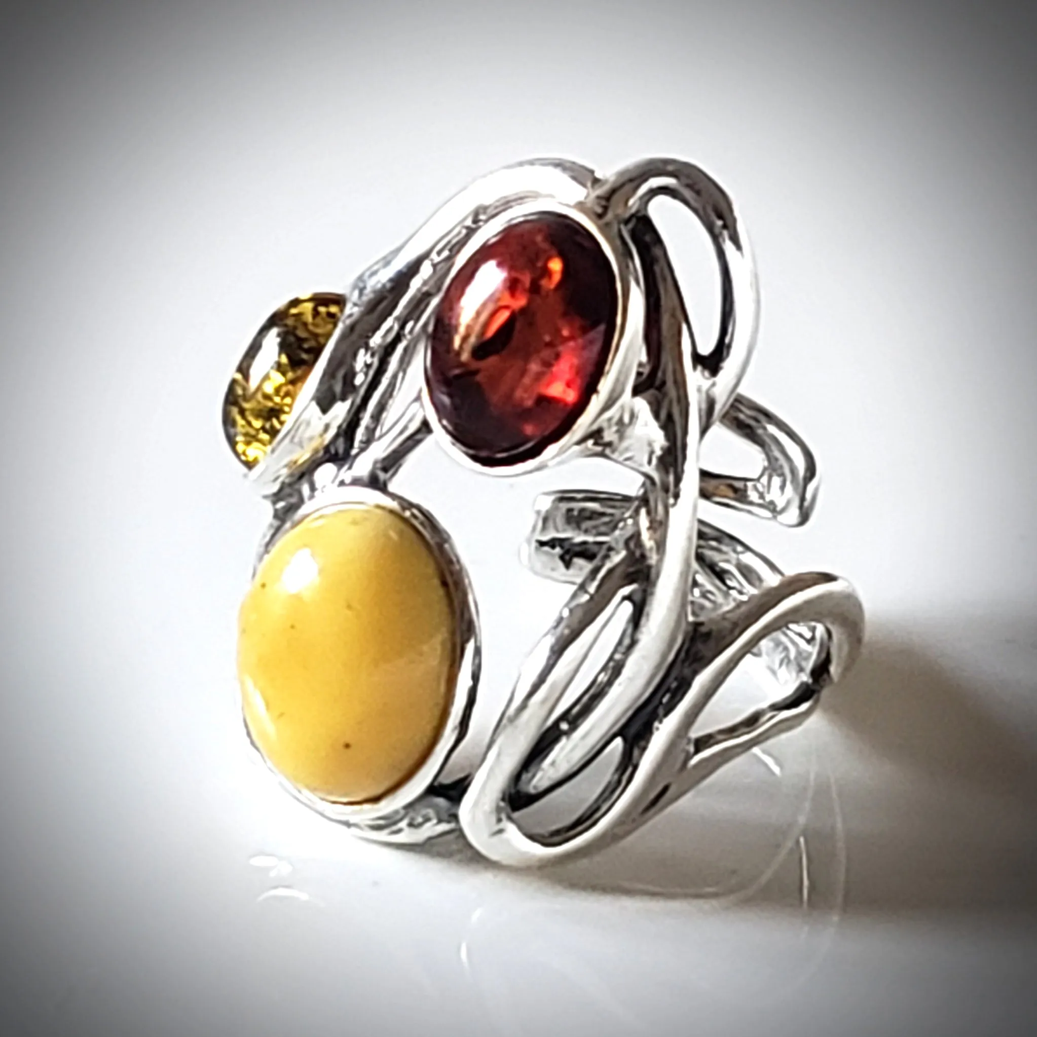 Large Silver Ring with 3 color of Natural Amber