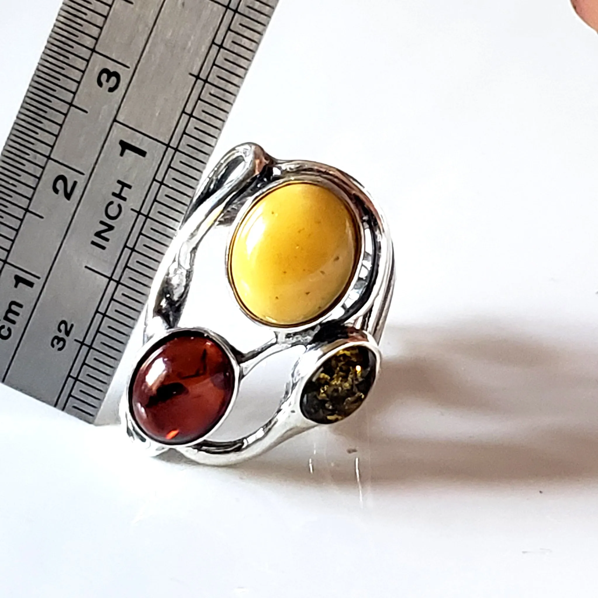 Large Silver Ring with 3 color of Natural Amber