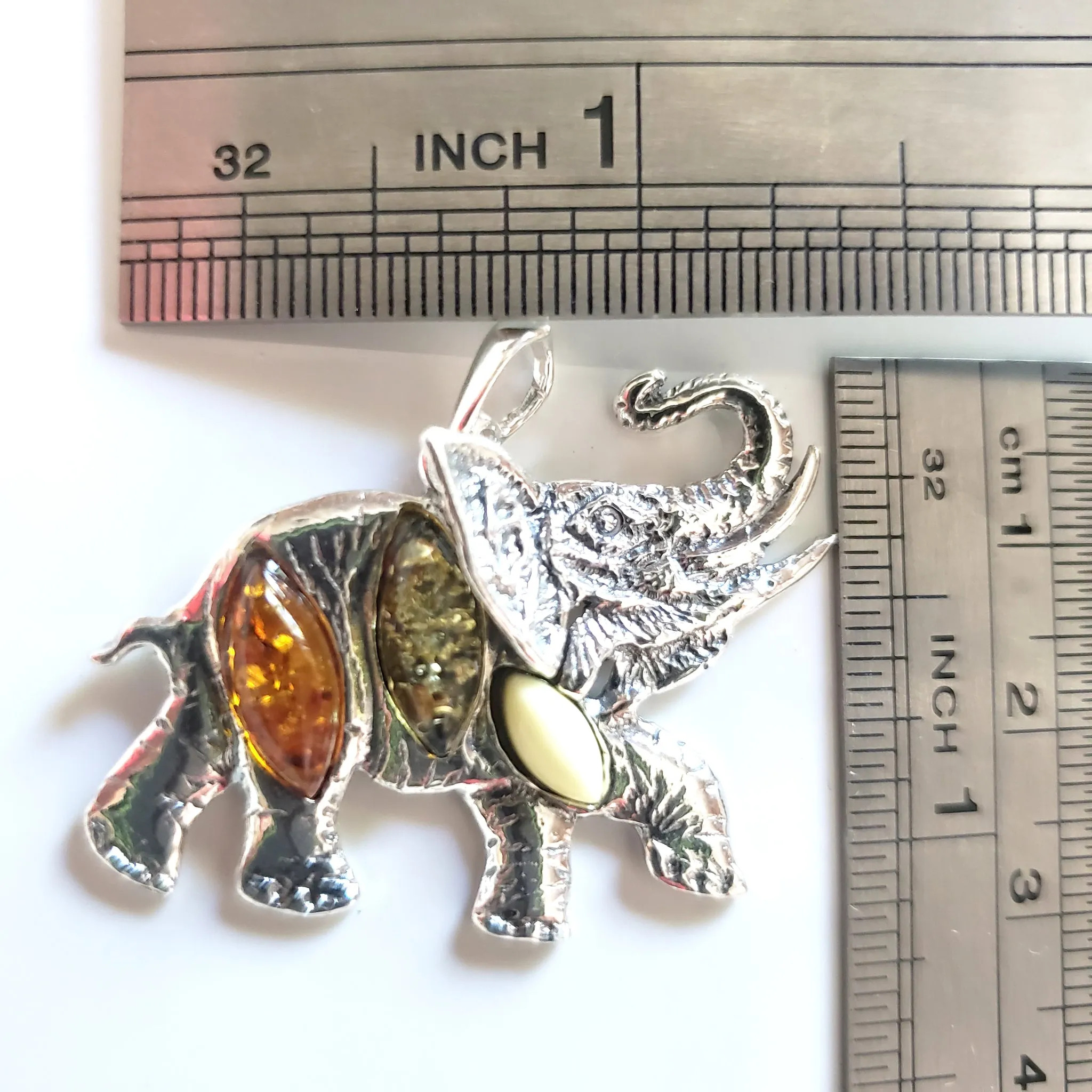Large Sterling Silver Elephant Pendant with Natural Amber Beads