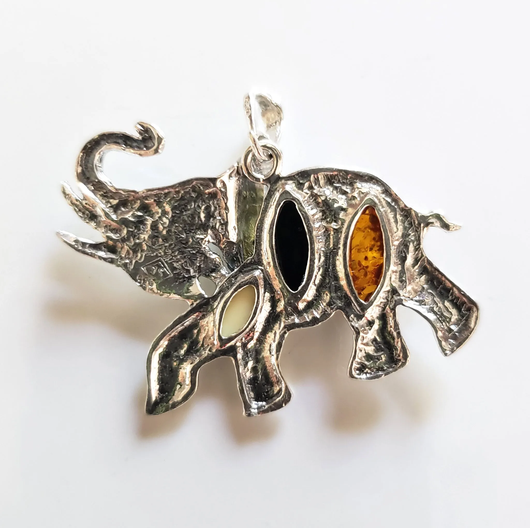 Large Sterling Silver Elephant Pendant with Natural Amber Beads