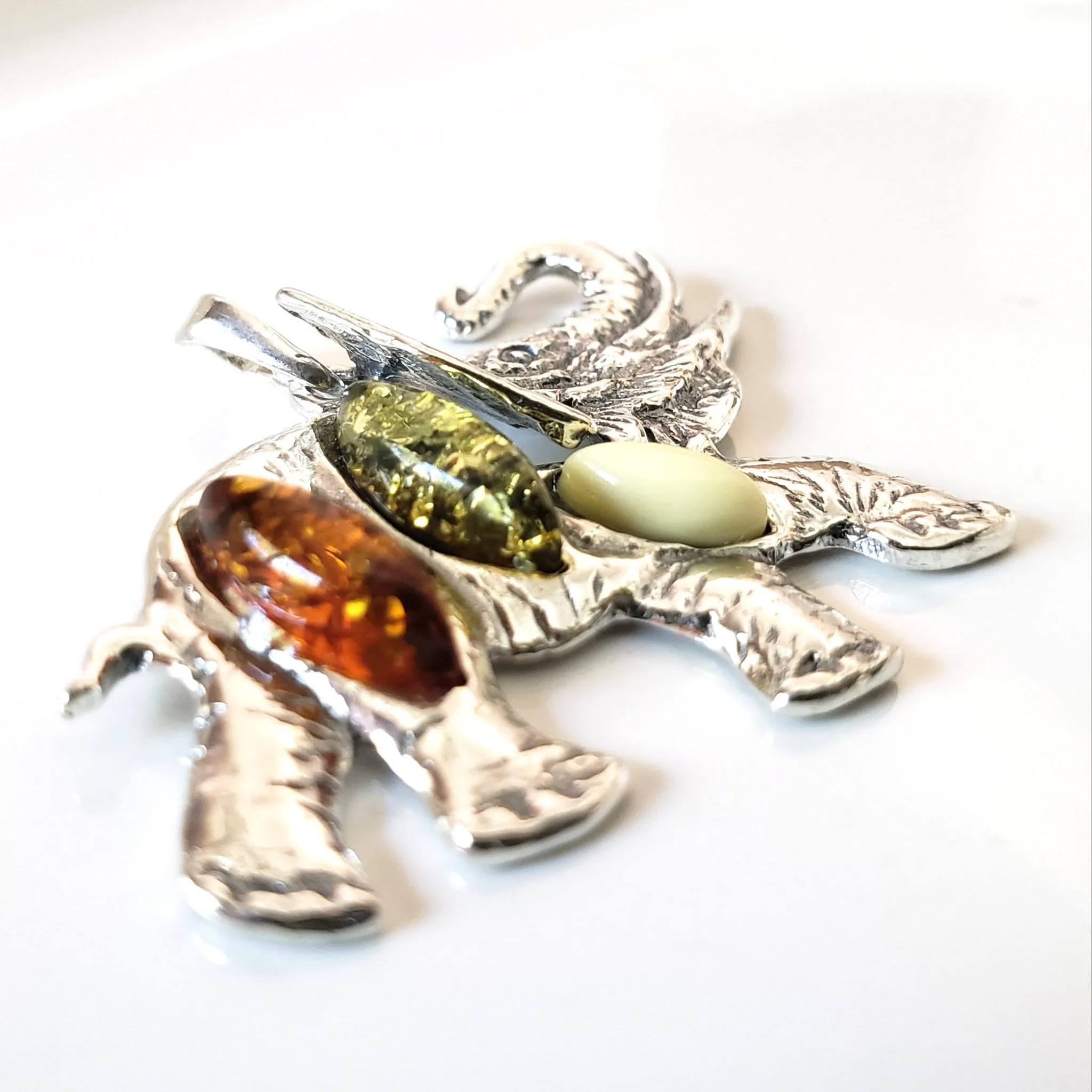 Large Sterling Silver Elephant Pendant with Natural Amber Beads
