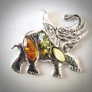 Large Sterling Silver Elephant Pendant with Natural Amber Beads