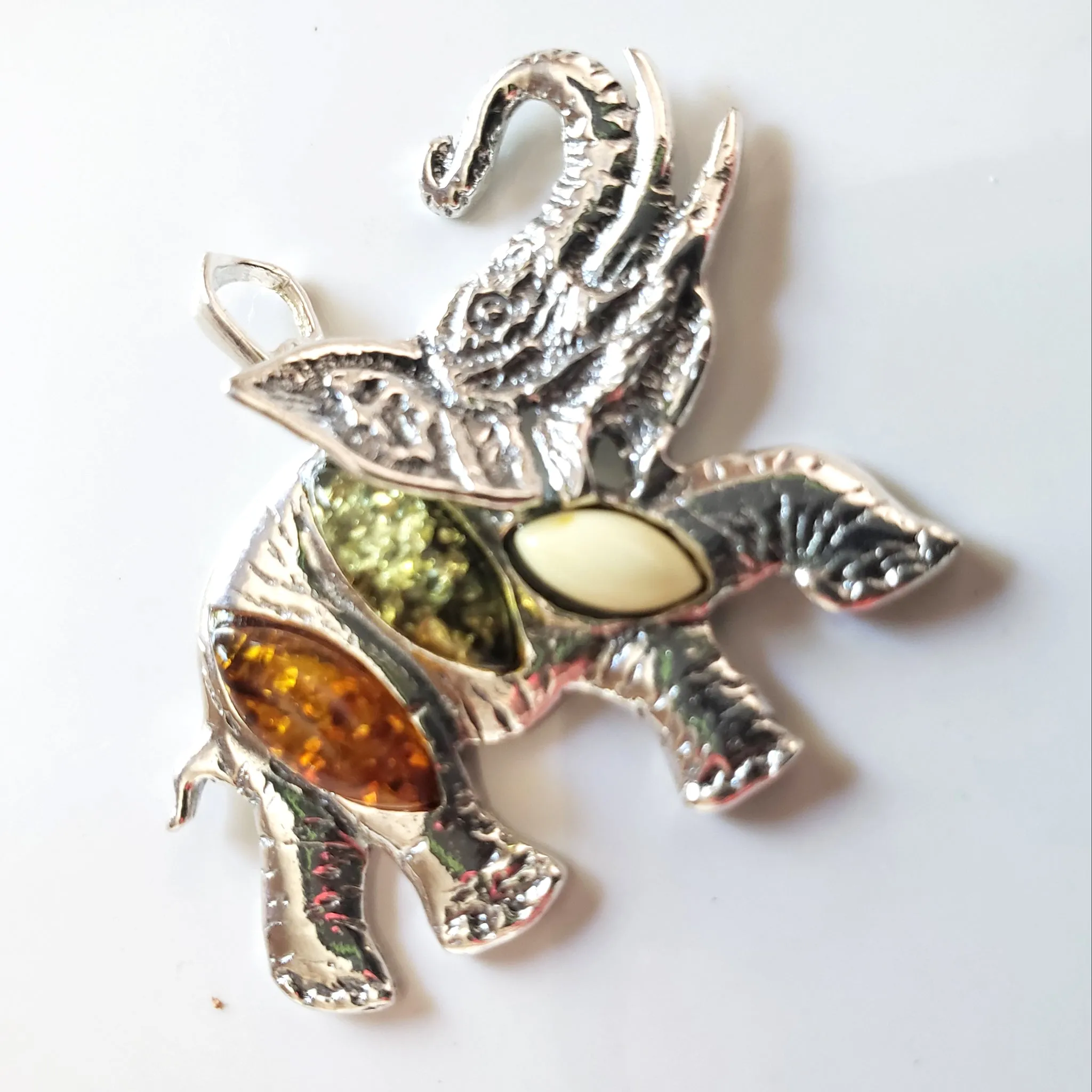 Large Sterling Silver Elephant Pendant with Natural Amber Beads