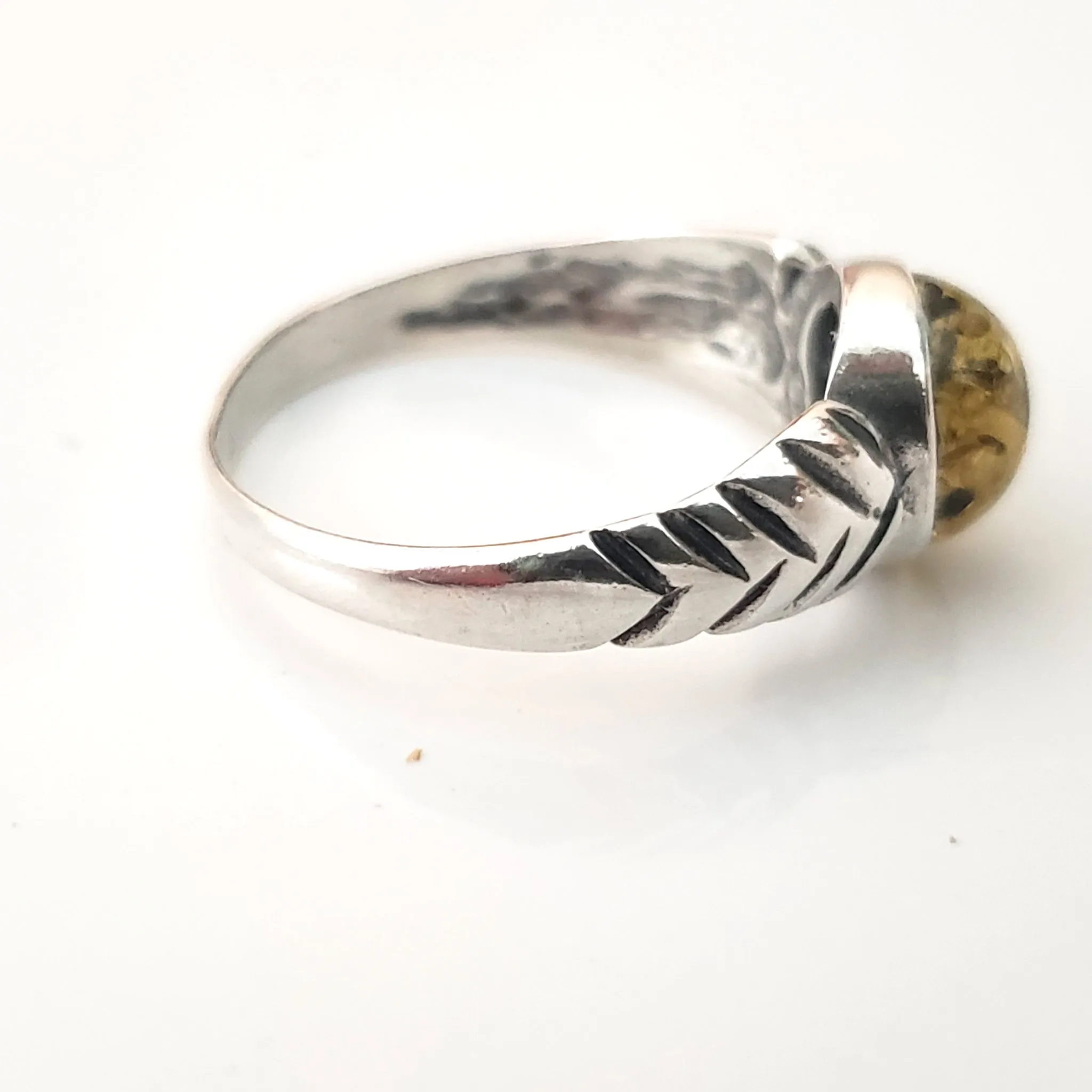 Natural Round Green Amber Ring in Sterling Silver