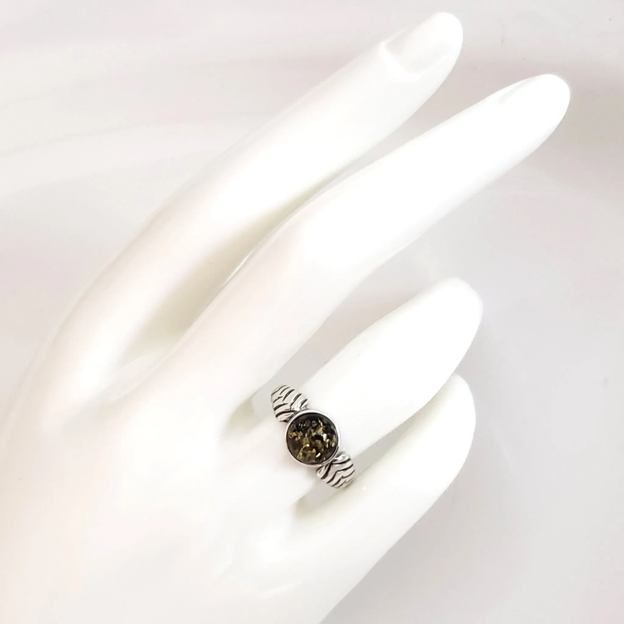 Natural Round Green Amber Ring in Sterling Silver