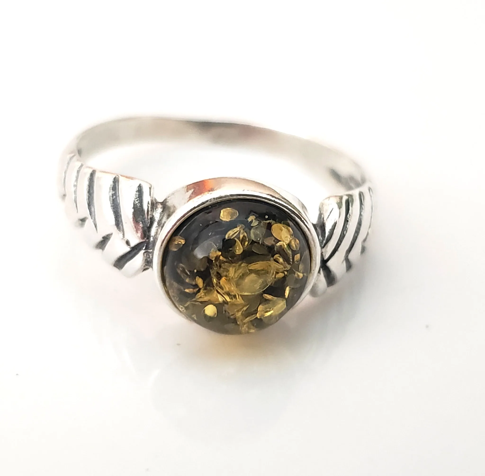 Natural Round Green Amber Ring in Sterling Silver