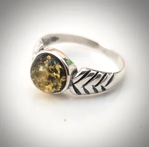 Natural Round Green Amber Ring in Sterling Silver