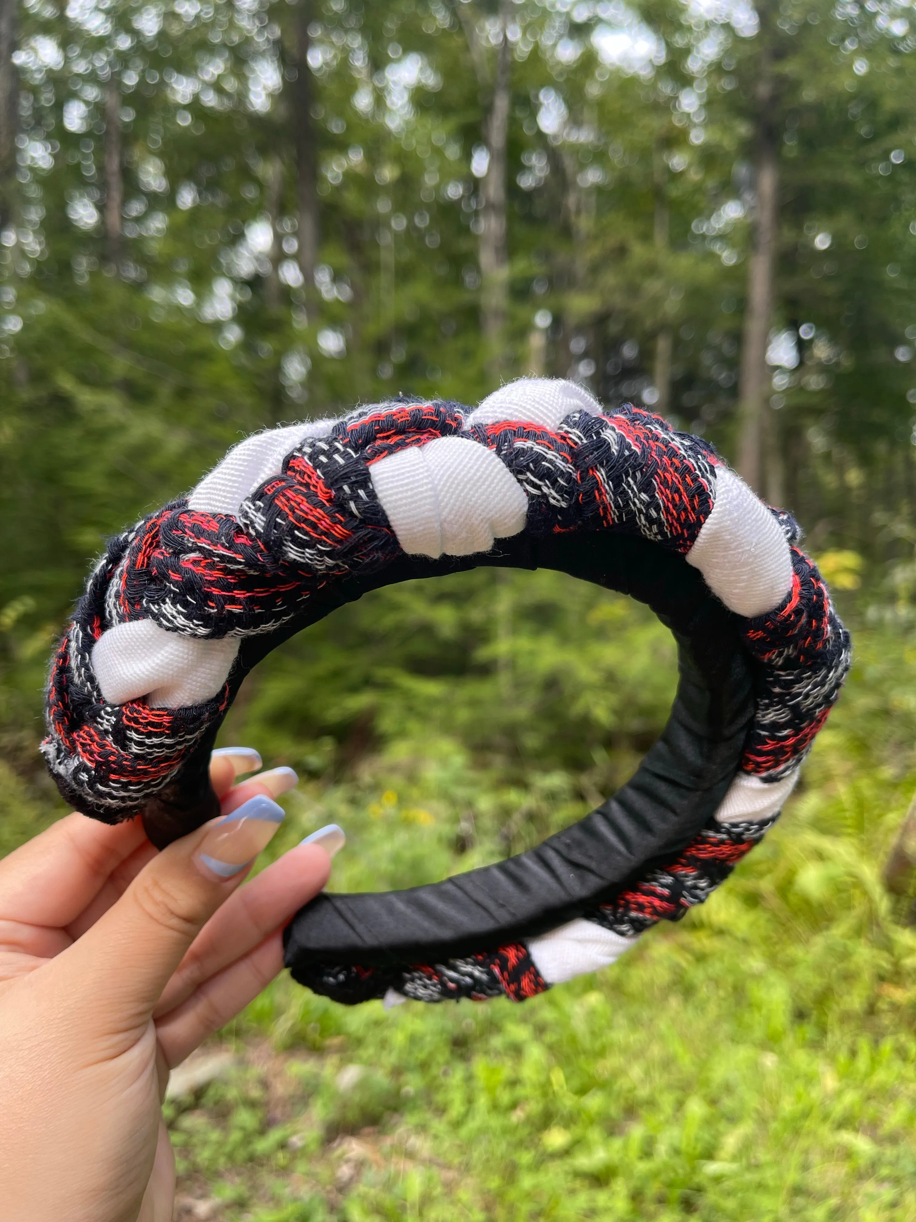 NEW El Carbonero Trenza: Blanco Roja y Navy Headband-  White Deep Navy and Red Braided Diadema