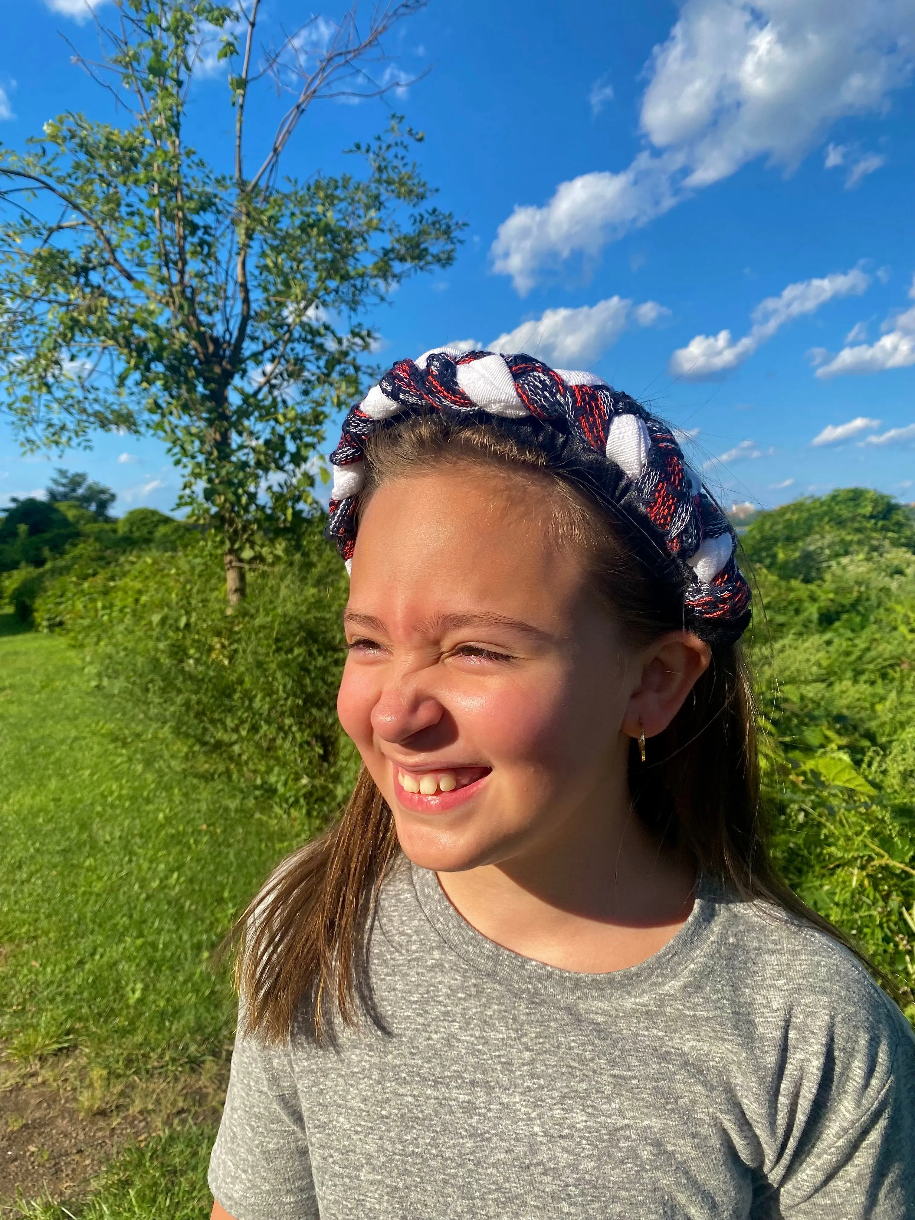 NEW El Carbonero Trenza: Blanco Roja y Navy Headband-  White Deep Navy and Red Braided Diadema