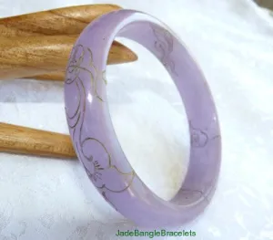 Sale-"Happy Spirit" Lavender 22K Etched Bat and Lotus Burmese Jadeite Bangle 57mm (JBB2210)