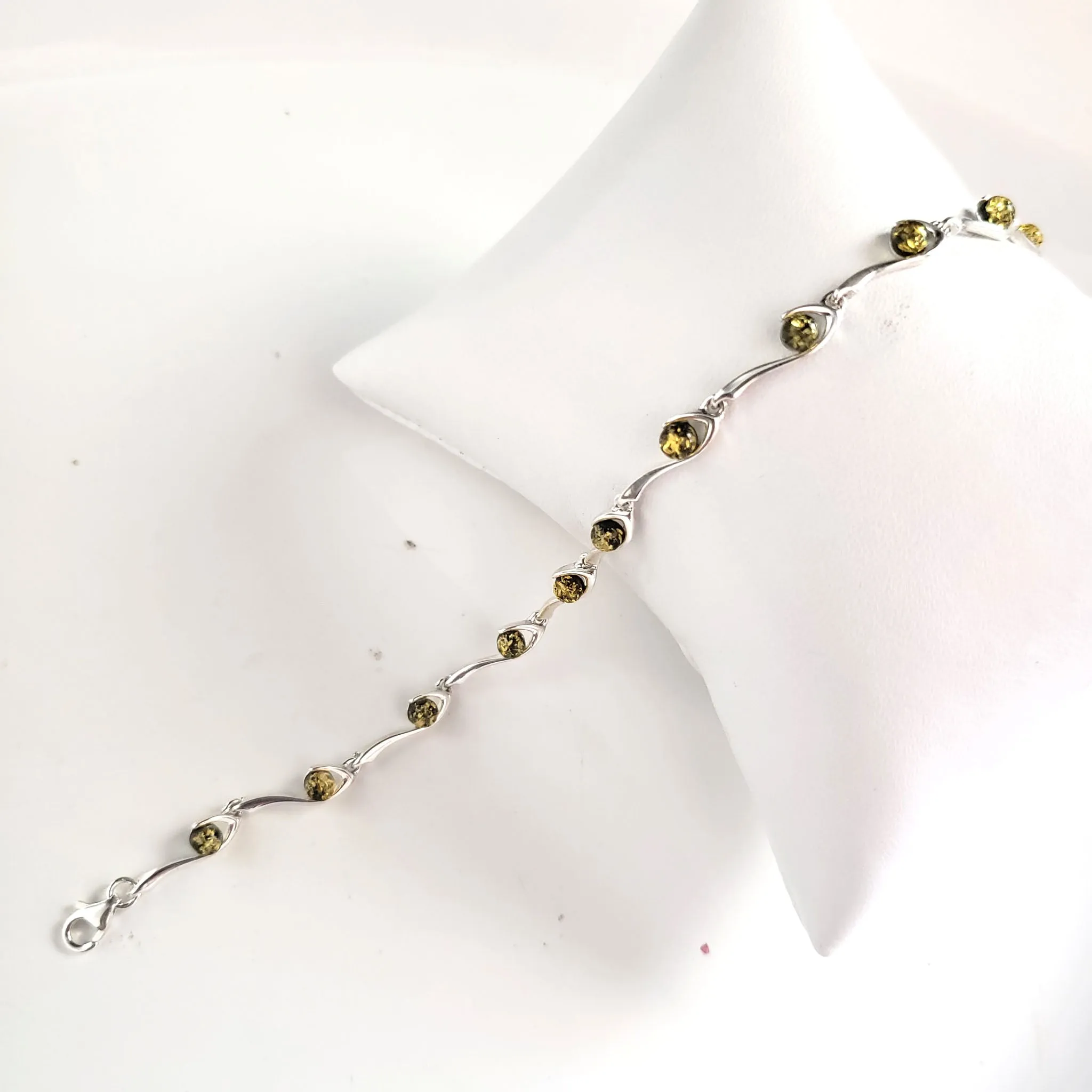 Silver Bracelet with Green Amber Round Beads