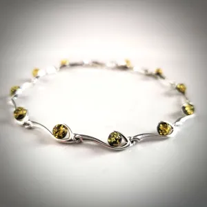Silver Bracelet with Green Amber Round Beads