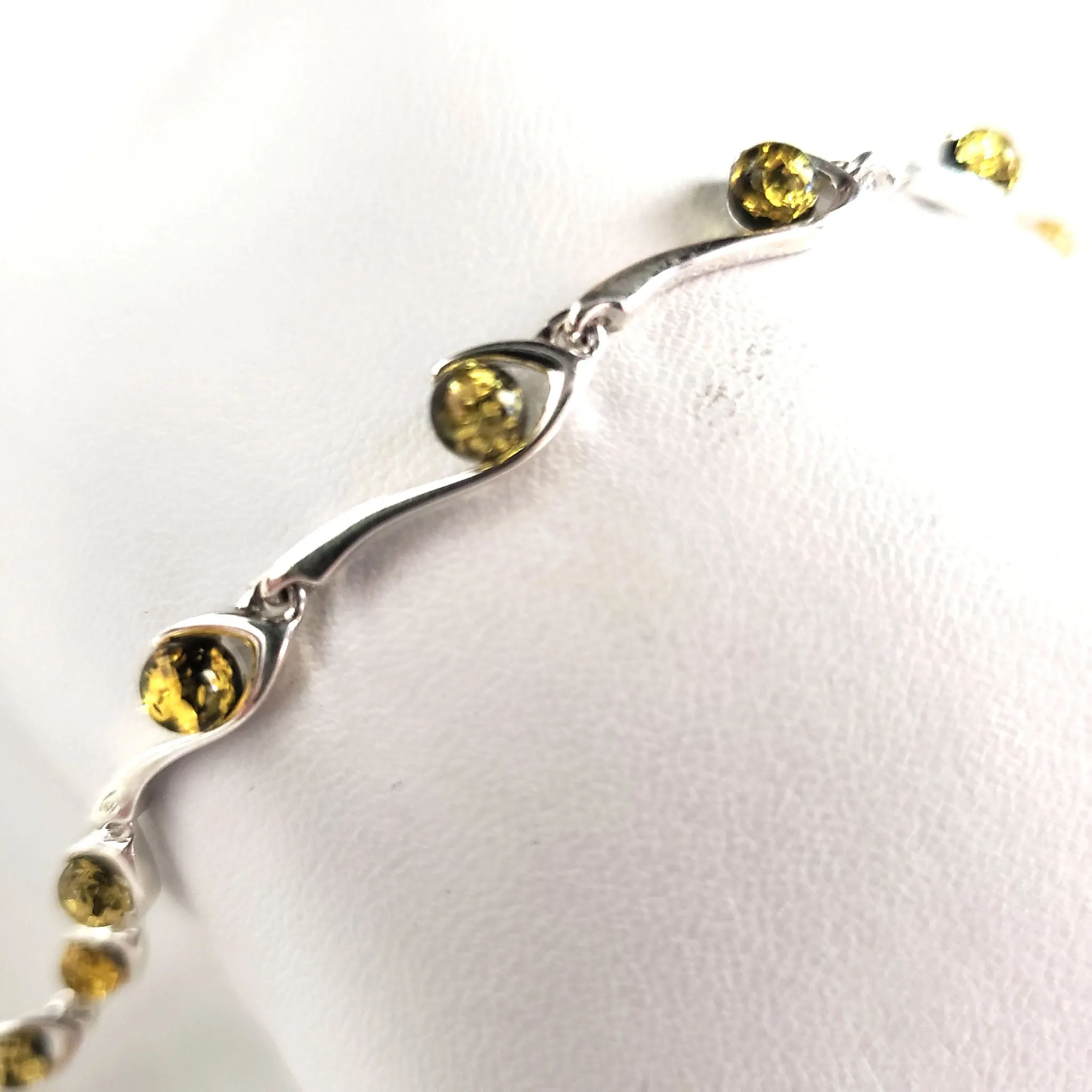 Silver Bracelet with Green Amber Round Beads