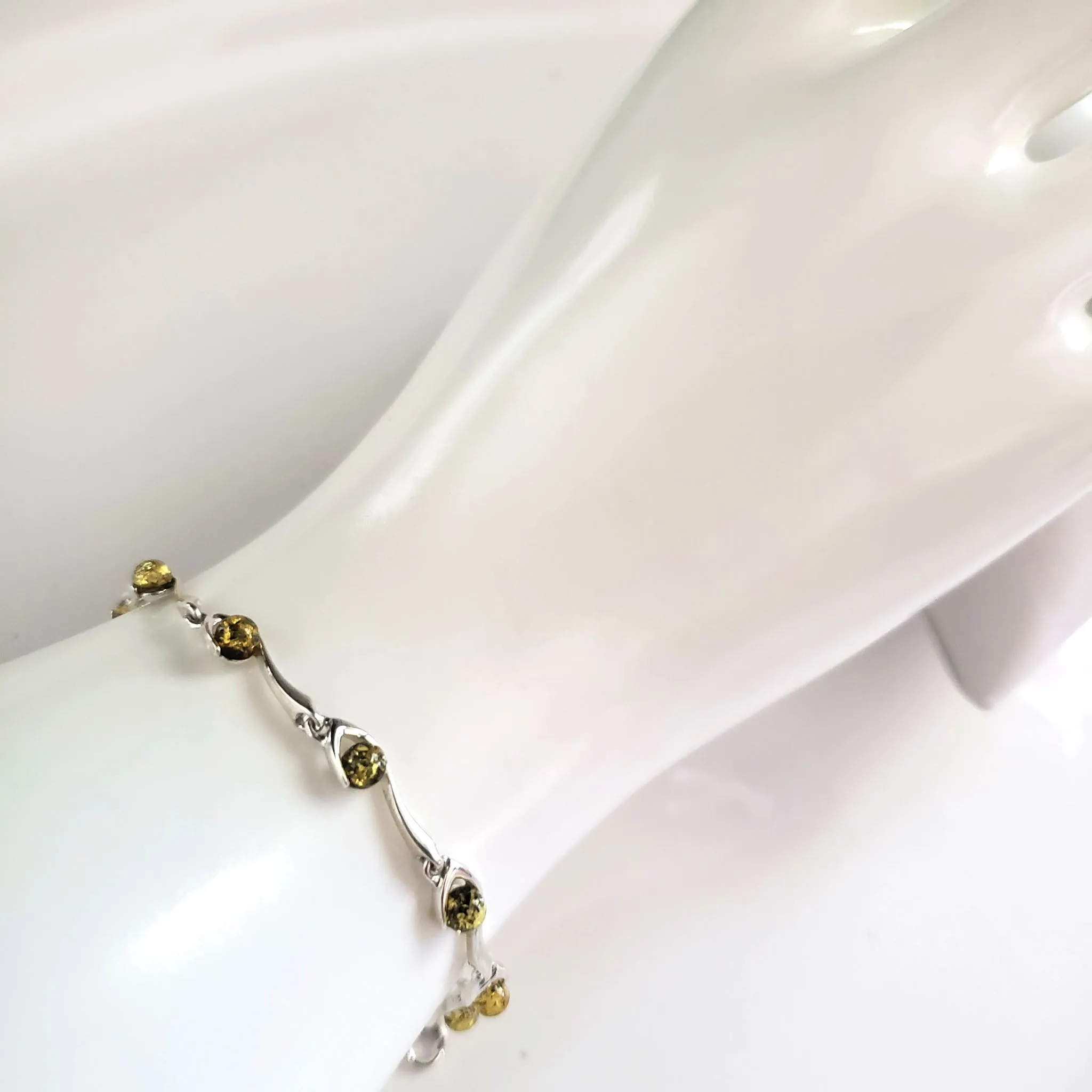 Silver Bracelet with Green Amber Round Beads