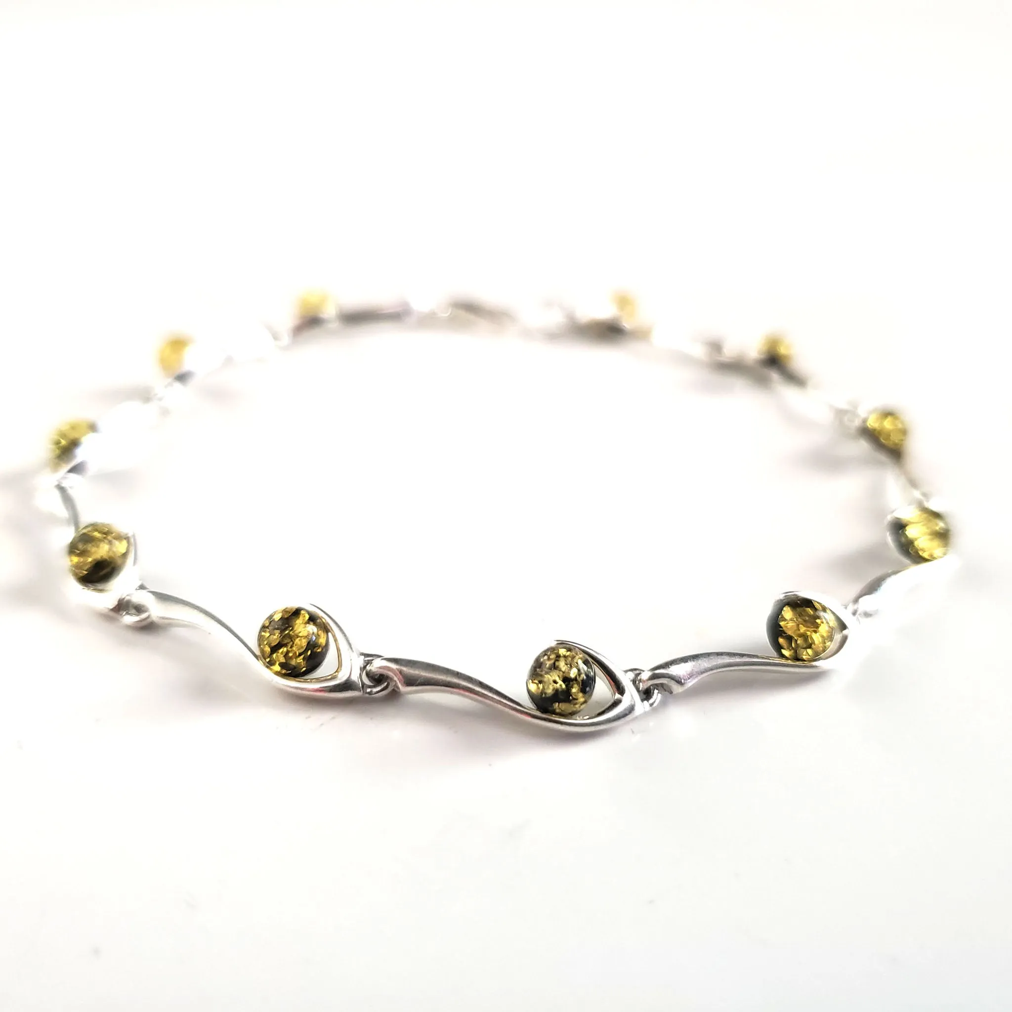 Silver Bracelet with Green Amber Round Beads