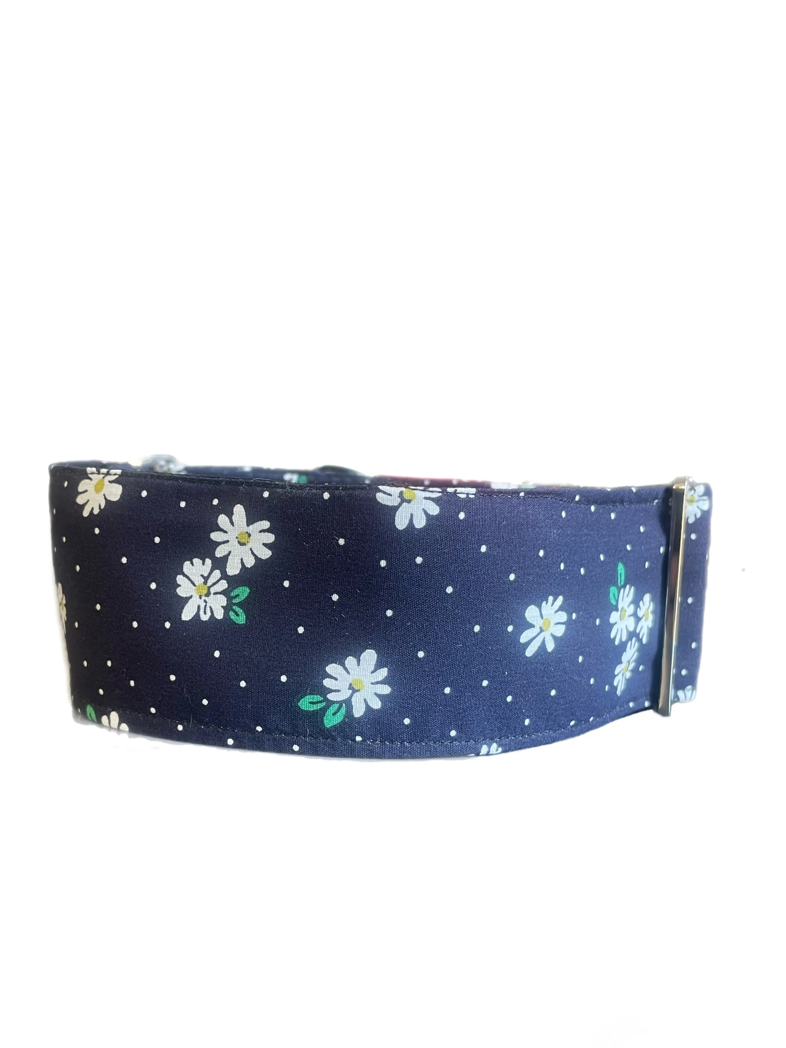 Small white flowers on navy design collar greyhound 5cms cotton fabric covered webbing