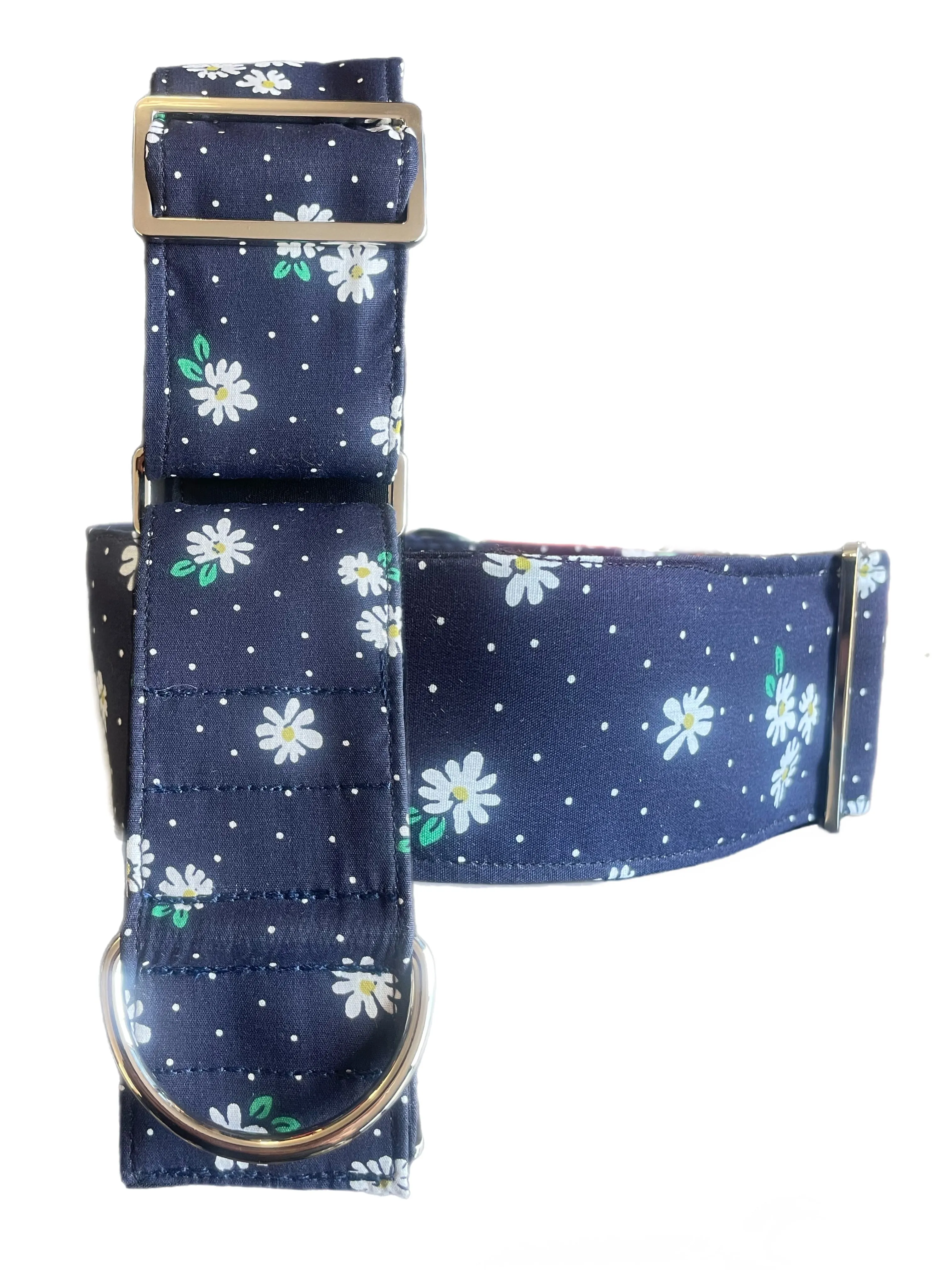 Small white flowers on navy design collar greyhound 5cms cotton fabric covered webbing