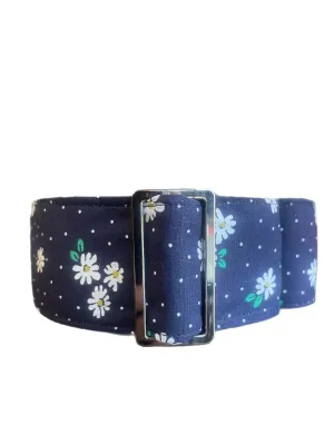 Small white flowers on navy design collar greyhound 5cms cotton fabric covered webbing
