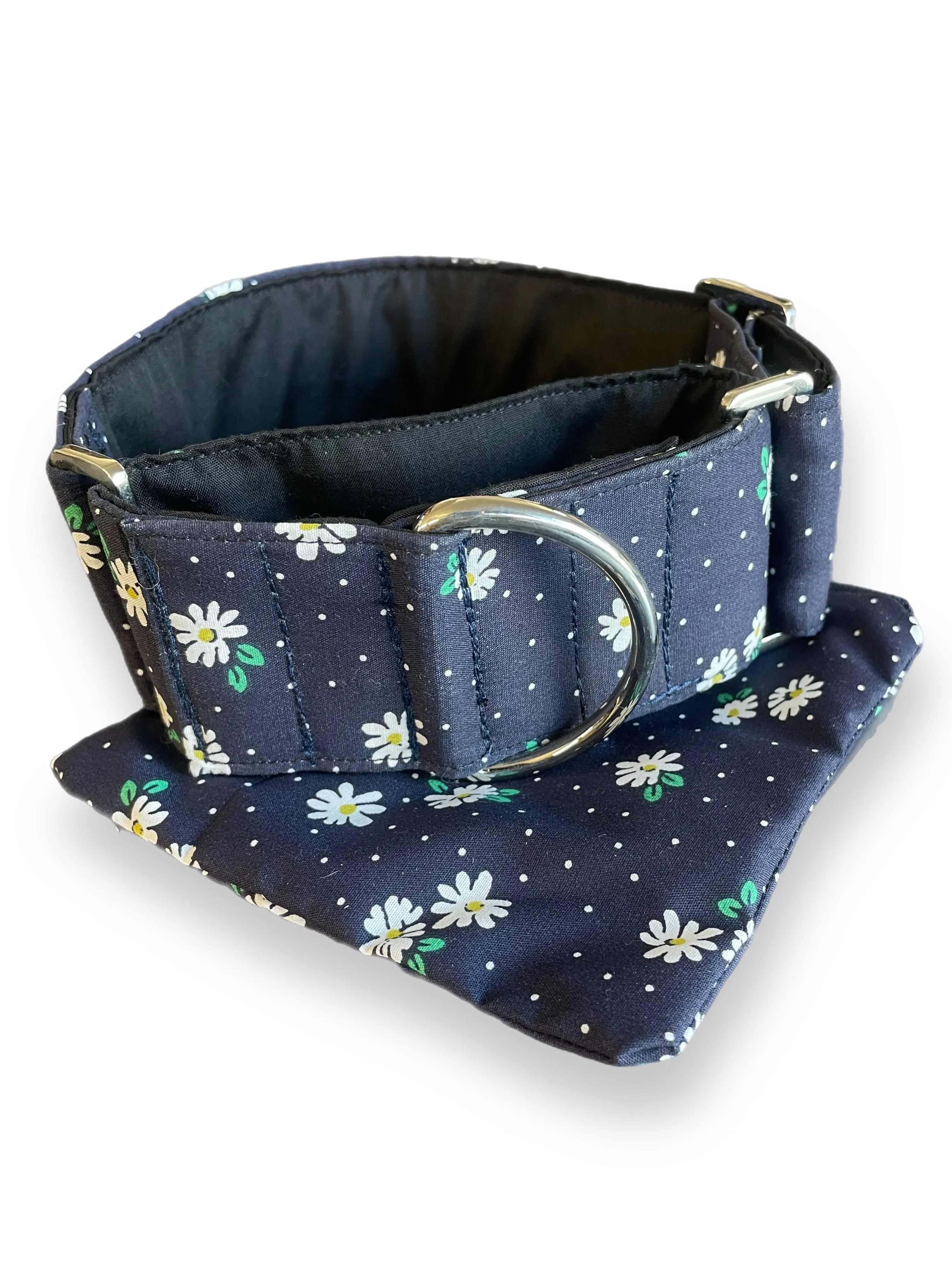 Small white flowers on navy design collar greyhound 5cms cotton fabric covered webbing