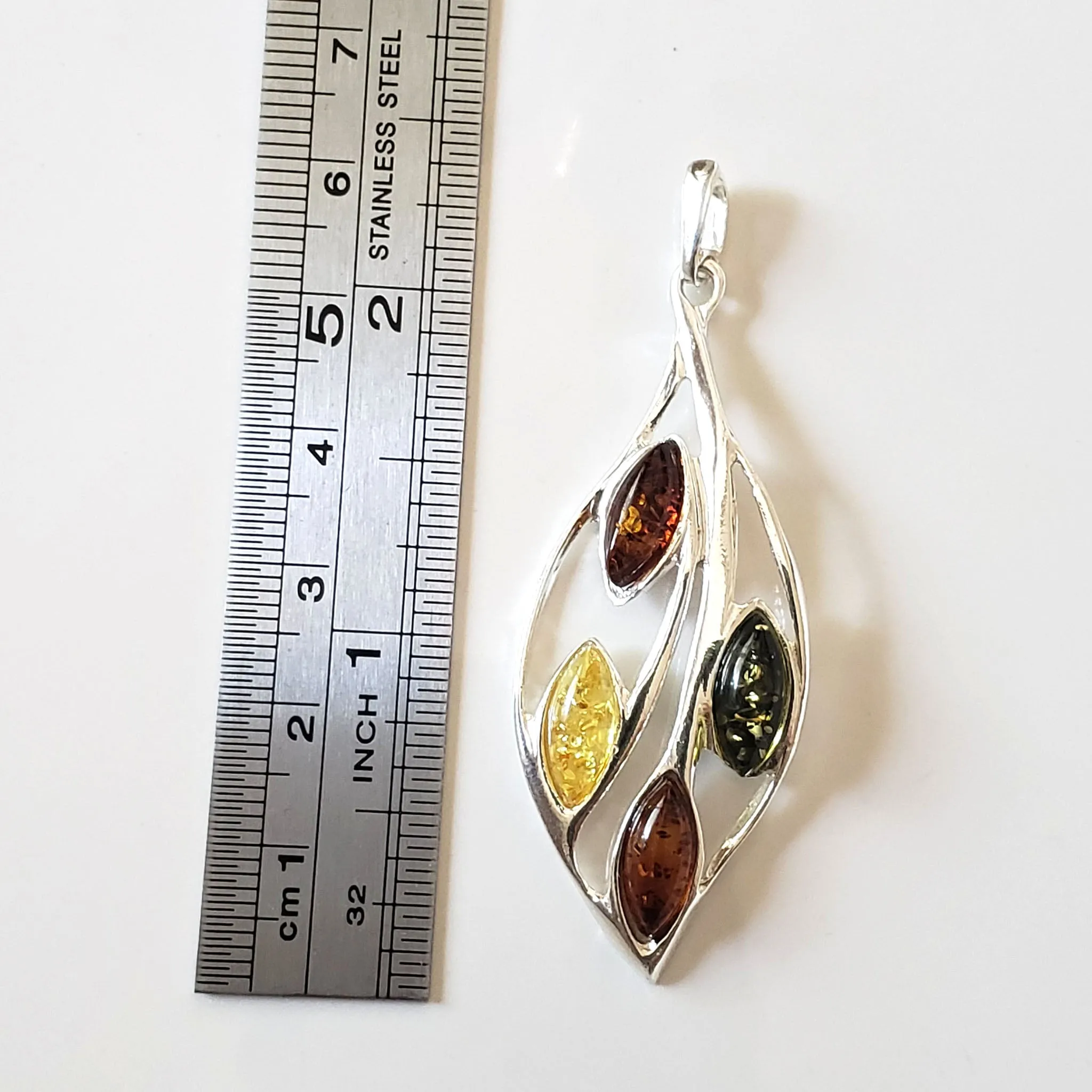 Sterling Silver Leaf Pendant with Multicolor Amber