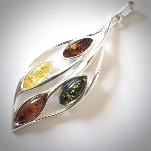 Sterling Silver Leaf Pendant with Multicolor Amber