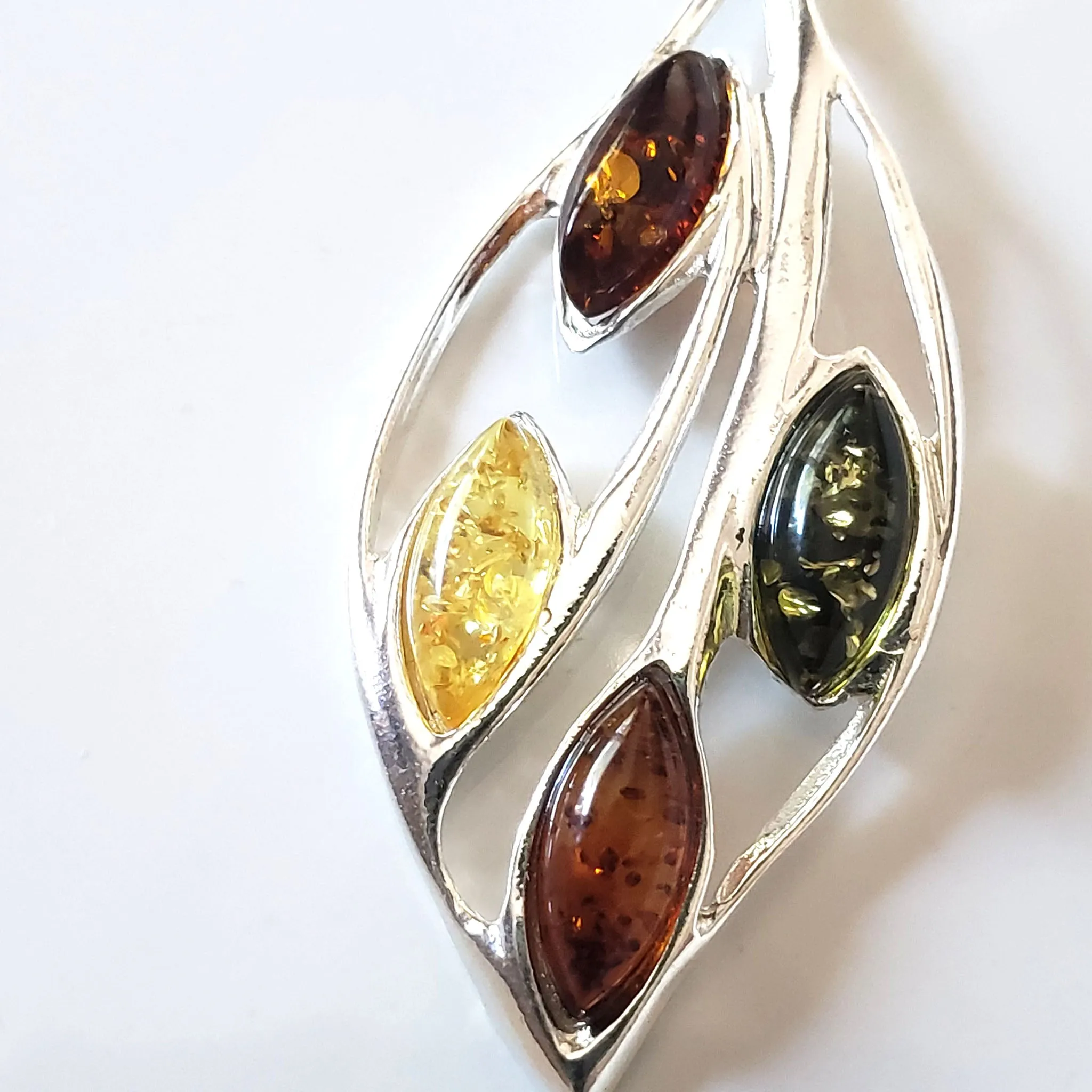 Sterling Silver Leaf Pendant with Multicolor Amber