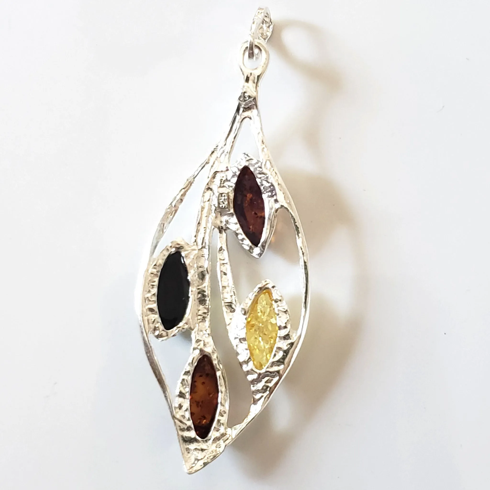 Sterling Silver Leaf Pendant with Multicolor Amber