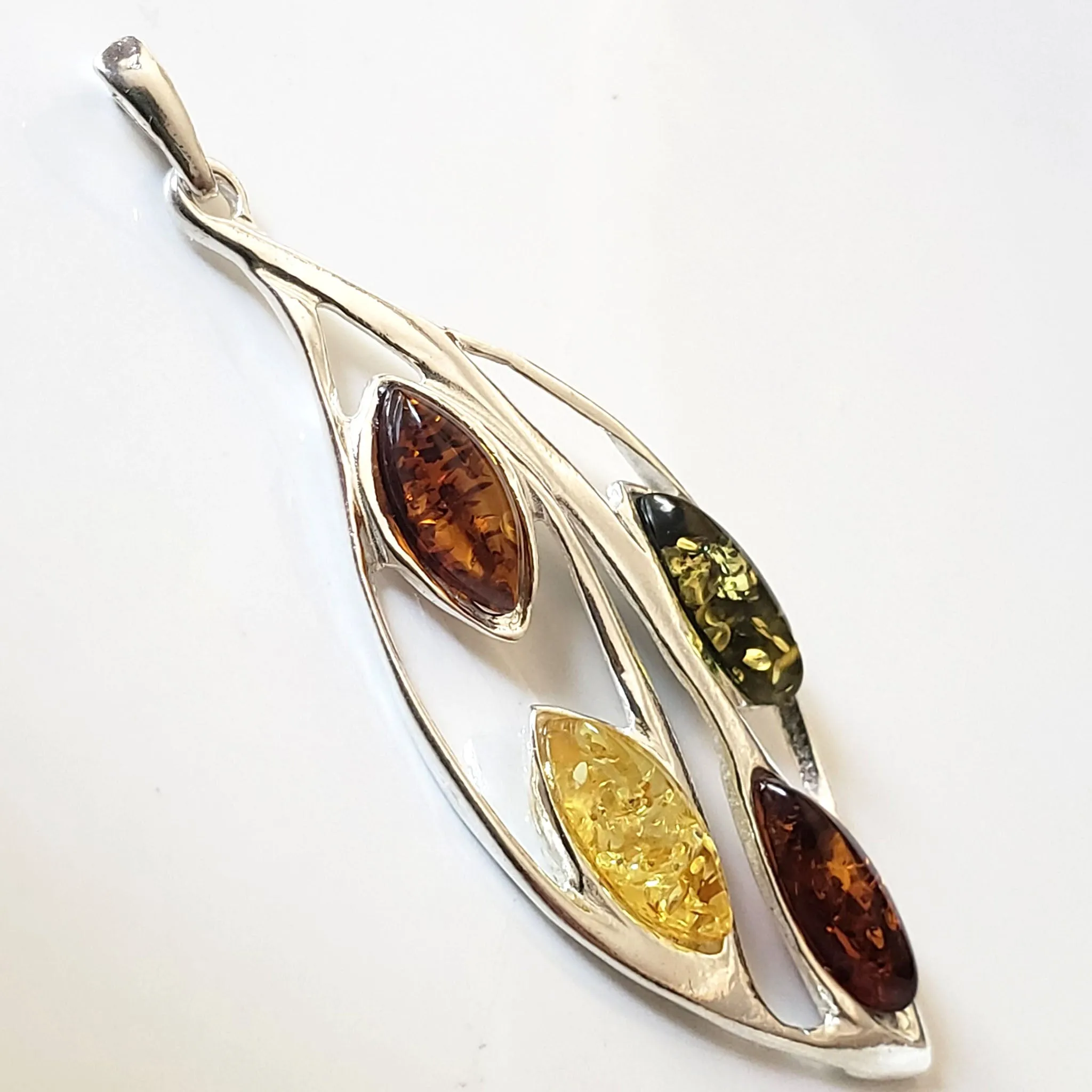 Sterling Silver Leaf Pendant with Multicolor Amber