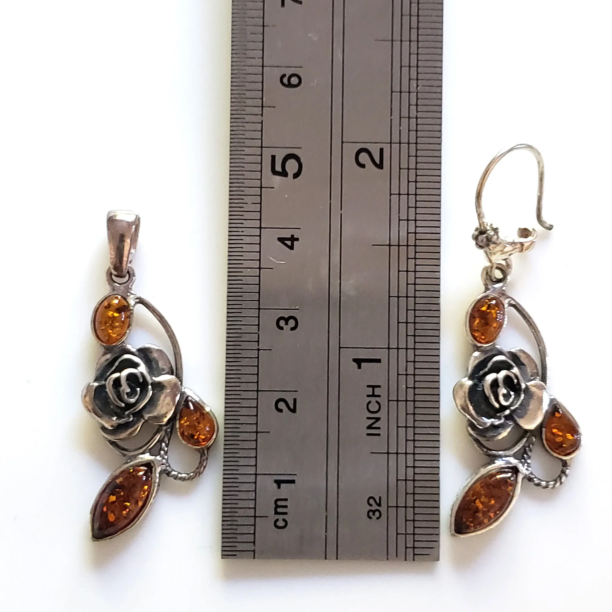 Sterling Silver Rose with Amber earrings Pendant Jewelry Set